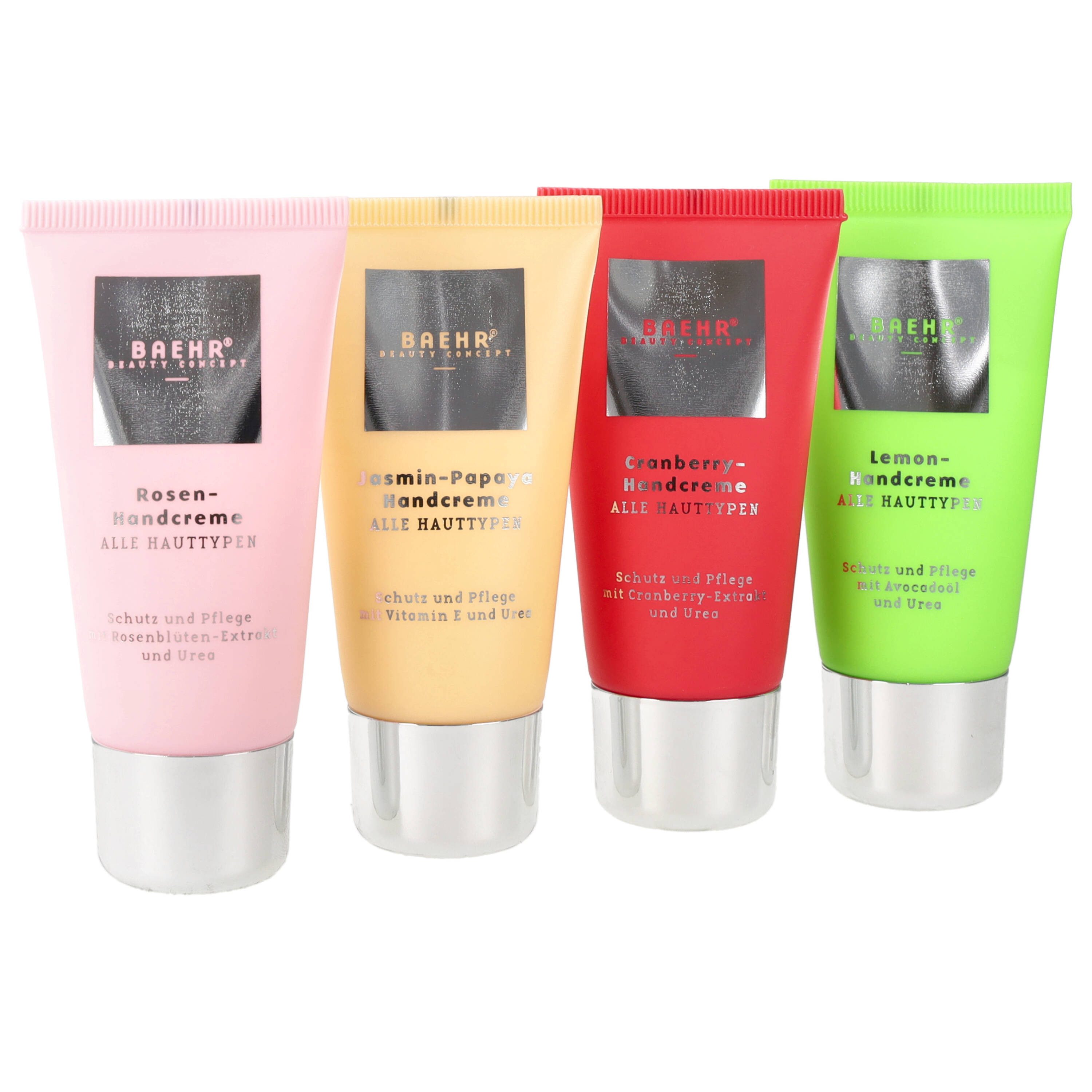 BAEHR BEAUTY CONCEPT Handcreme Baehr Beauty Concept Handcreme Selection V hochwertige Inhaltsstoffe & Duftvarianten, 4-tlg., je 30ml Rosen-, Cranberry-, Lemon- und Jasmin-Papaya-Handcreme