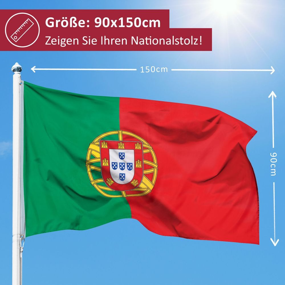 PHENO FLAGS Flagge Portugal Flagge 90 x 150 cm Portugiesische Fahne Nationalfahne (Hissflagge für Fahnenmast), Inkl. 2 Messing Ösen
