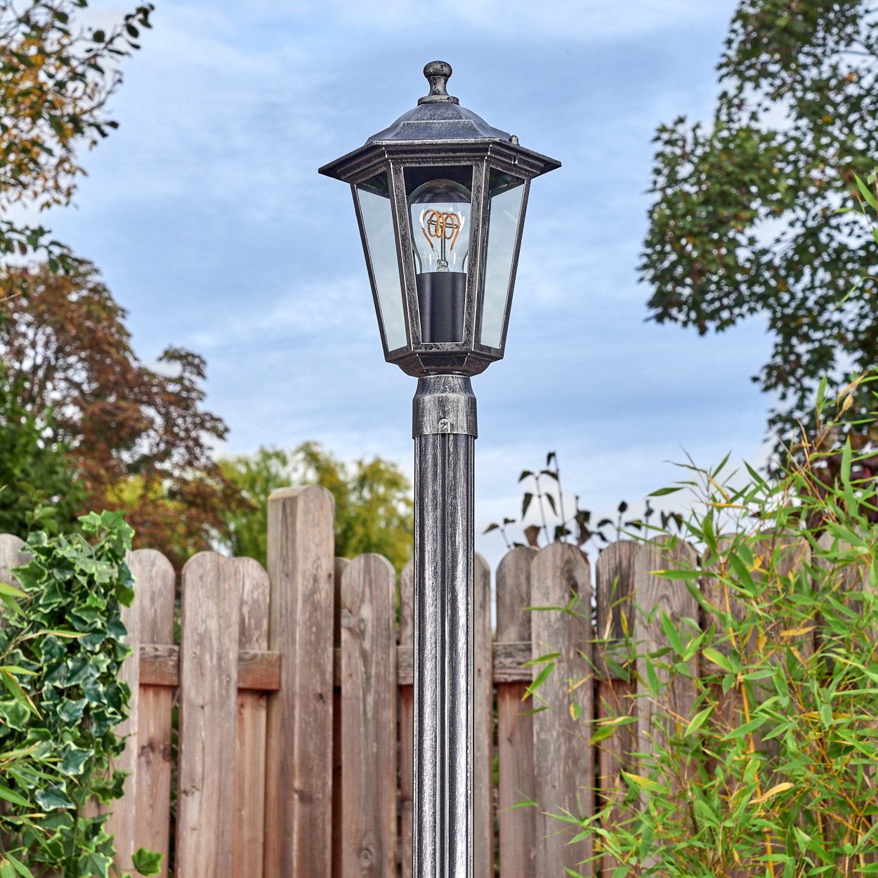 hofstein Pollerleuchte Außenwegeleuchte aus Metall/Glas in Schwarz/Silber/Klar, ohne Leuchtmittel, Wegeleuchte im Vintage/Antik/Landhaus-Design, 190 cm, 1 x E27, IP44