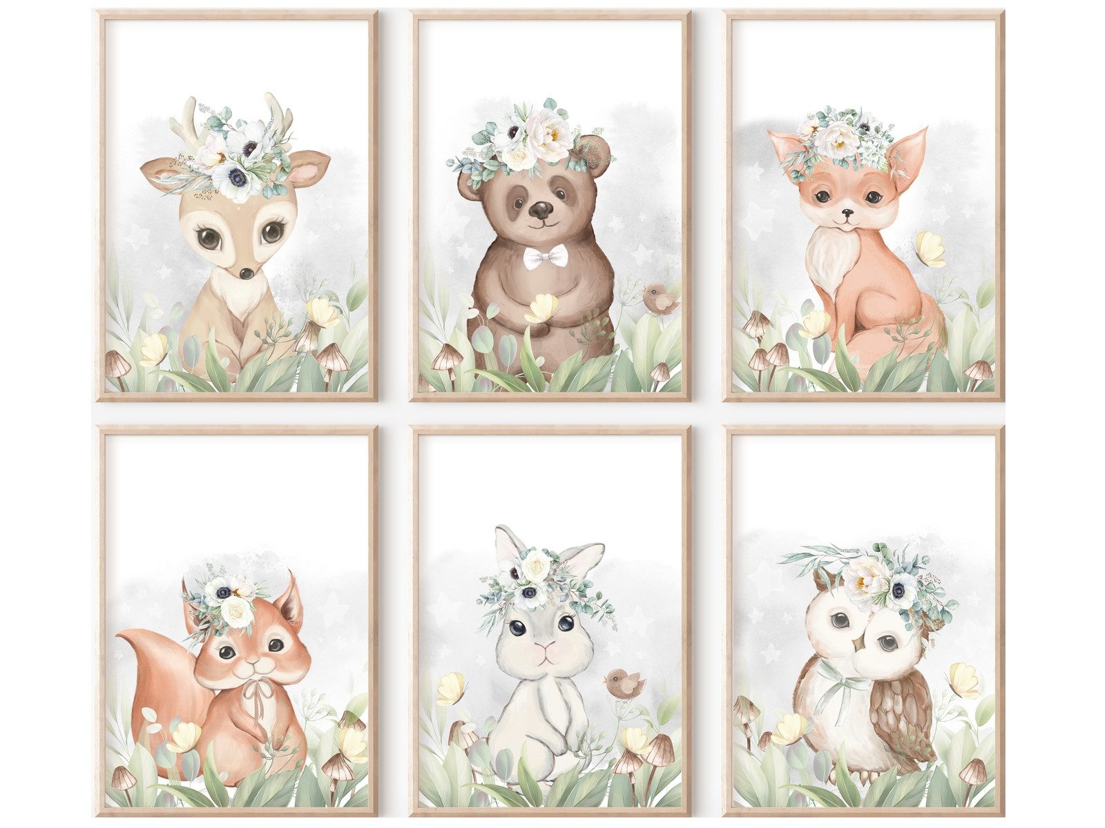 homestyle-accessoires Плакат Kinderzimmer Зображенняset WALDTIERE BÄR FUCHS EULE HASE EICHHÖRNCHEN REH, - Ohne Зображенняrahmen - sorgfältige & sichere Verpackung