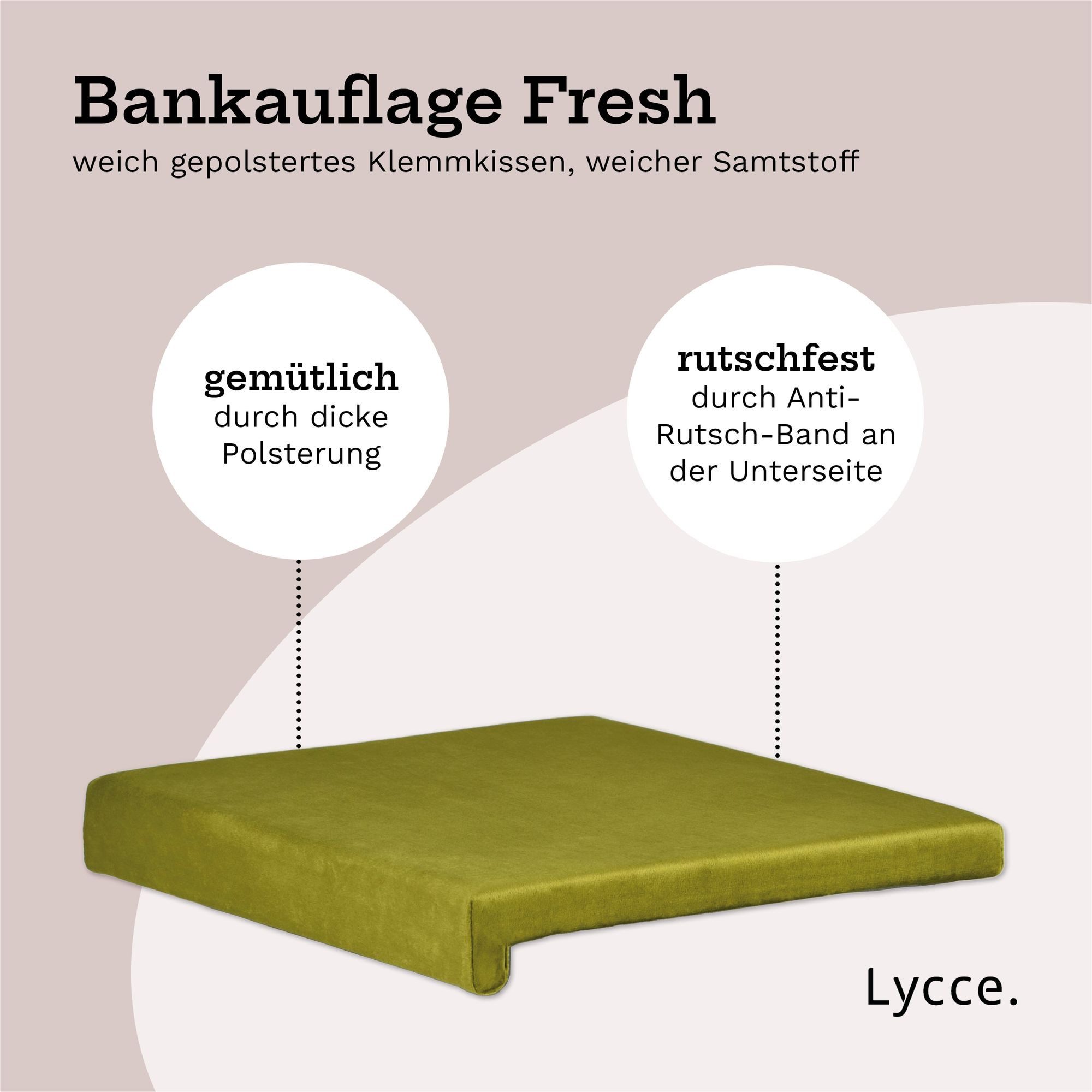 Lycce Bankauflage Klemmkissen, Sitzkissen mit 1 Leiste, 40cm breit - 35cm Klemmtiefe, (1 St), weich gepolstert, verrutscht nicht, edle Optik Samt senf olive