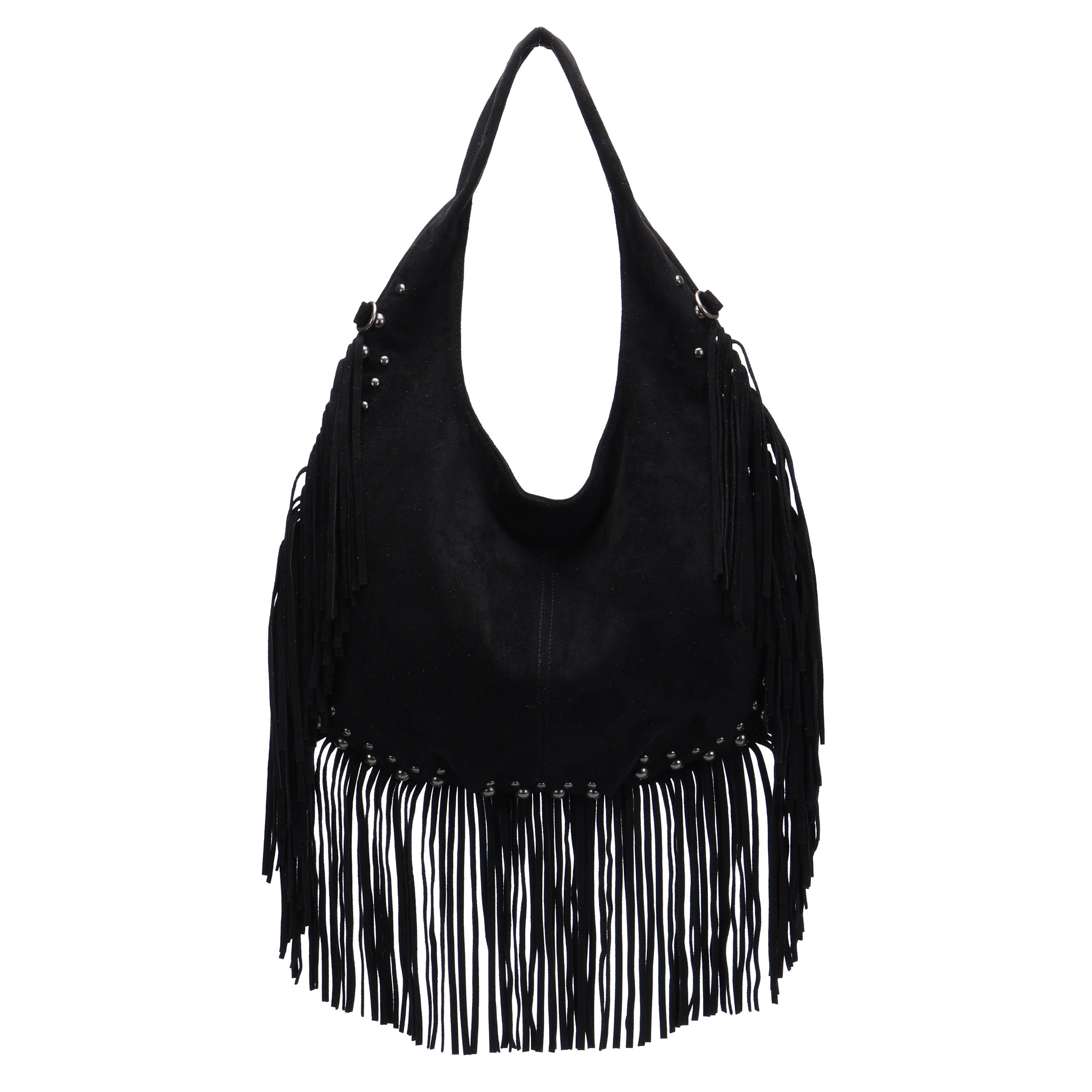 MIRROSI Shopper Damen Fransen Schultertasche Wildleder-Optik aus Polyester (Neue Kollektion Herbst/Winter 2026, ca. 41 x 5 x 37 cm), Boho Tasche mit Fransen, Nieten & langem Riemen
