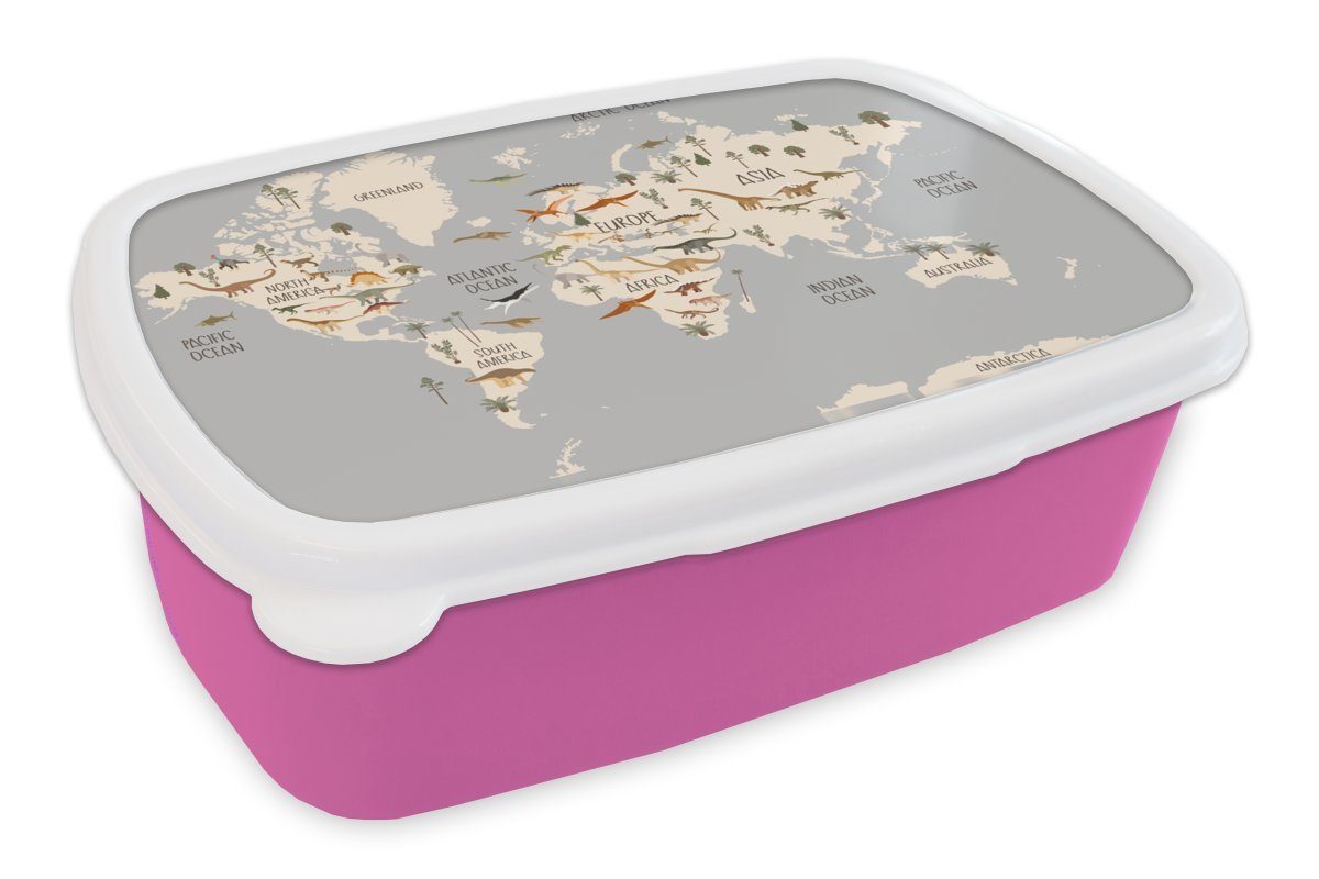 MuchoWow Lunchbox Weltkarte - Kinderzimmer - Dinosaurier - Jungen - Mädchen - Kinder, Kunststoff, (2-tlg), Brotbox für Erwachsene, Brotdose Kinder, Snackbox, Mädchen, Kunststoff rosa | Lunchboxen