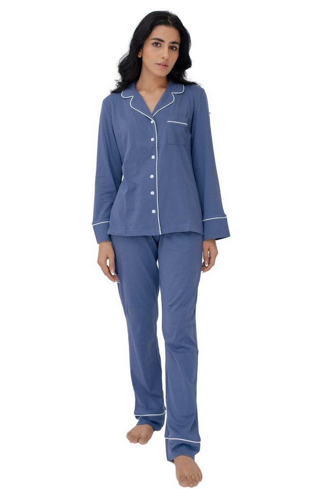 SNOOZE OFF Pyjama Schlafanzug in blau (2 tlg., 1 Stück) mit  Kontrastpaspel-Details