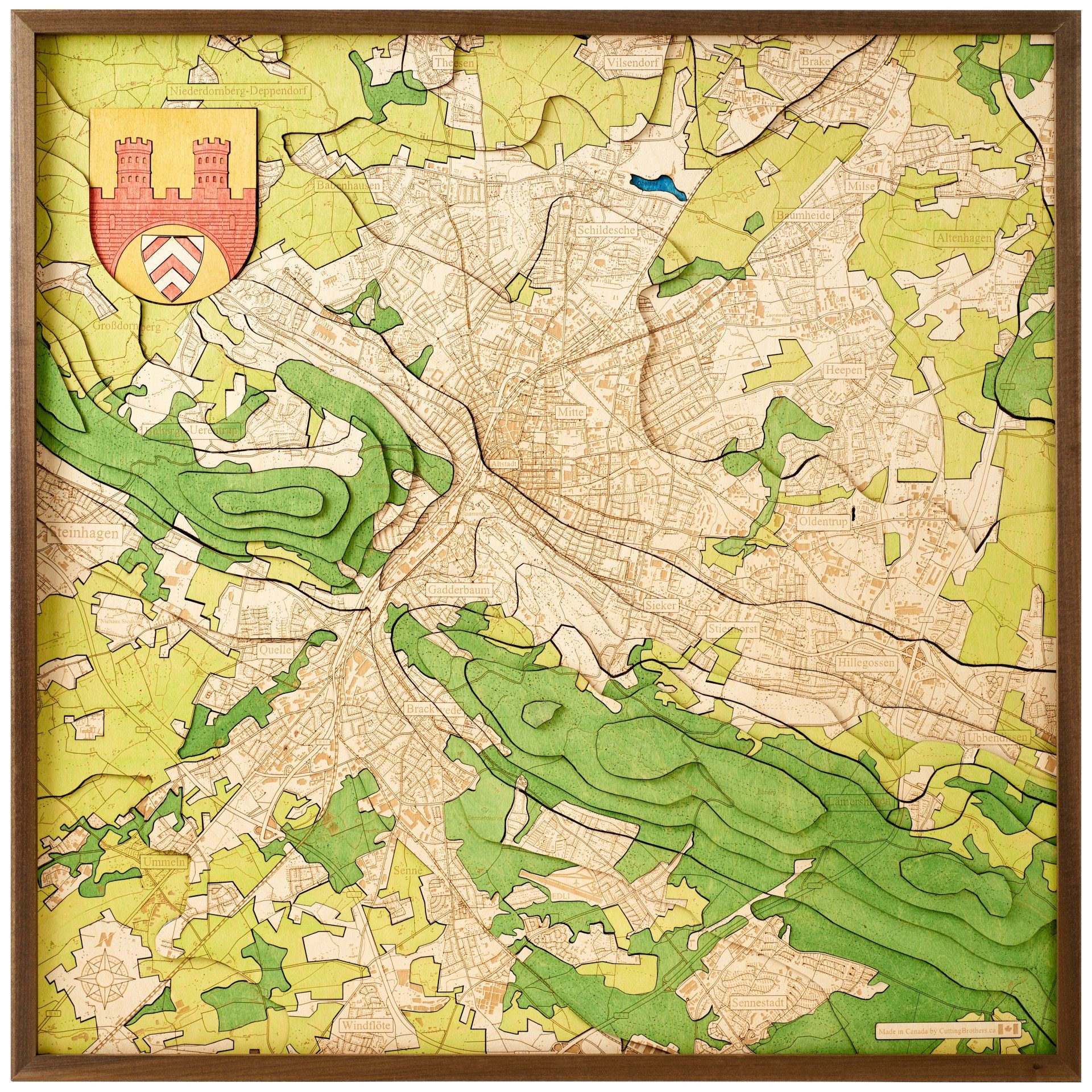 Cutting Brothers Holzbild Bielefeld 81x61 cm, 3D Holz-Wandkarte, handgefertigt aus Echtholz