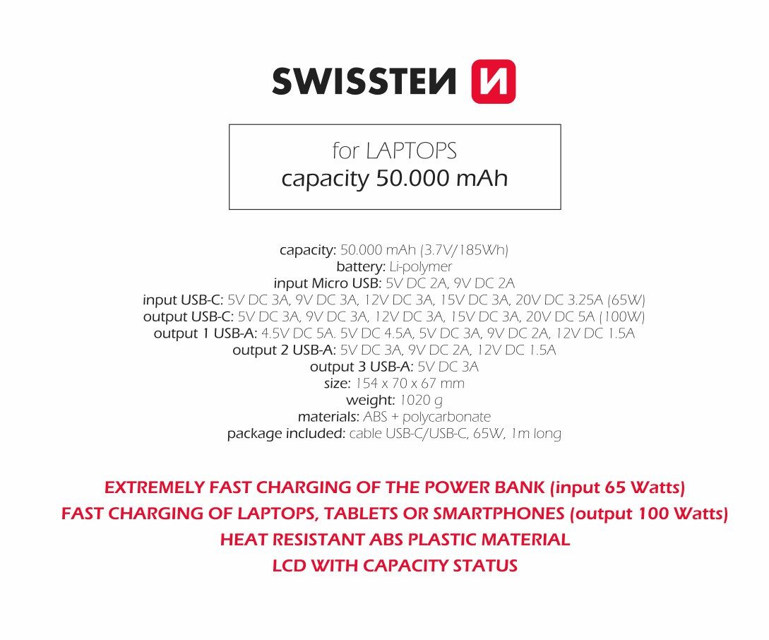 SWISSTEN 50.000mAh Powerbank USB und USB-C 100W Ladegerät Powerbank