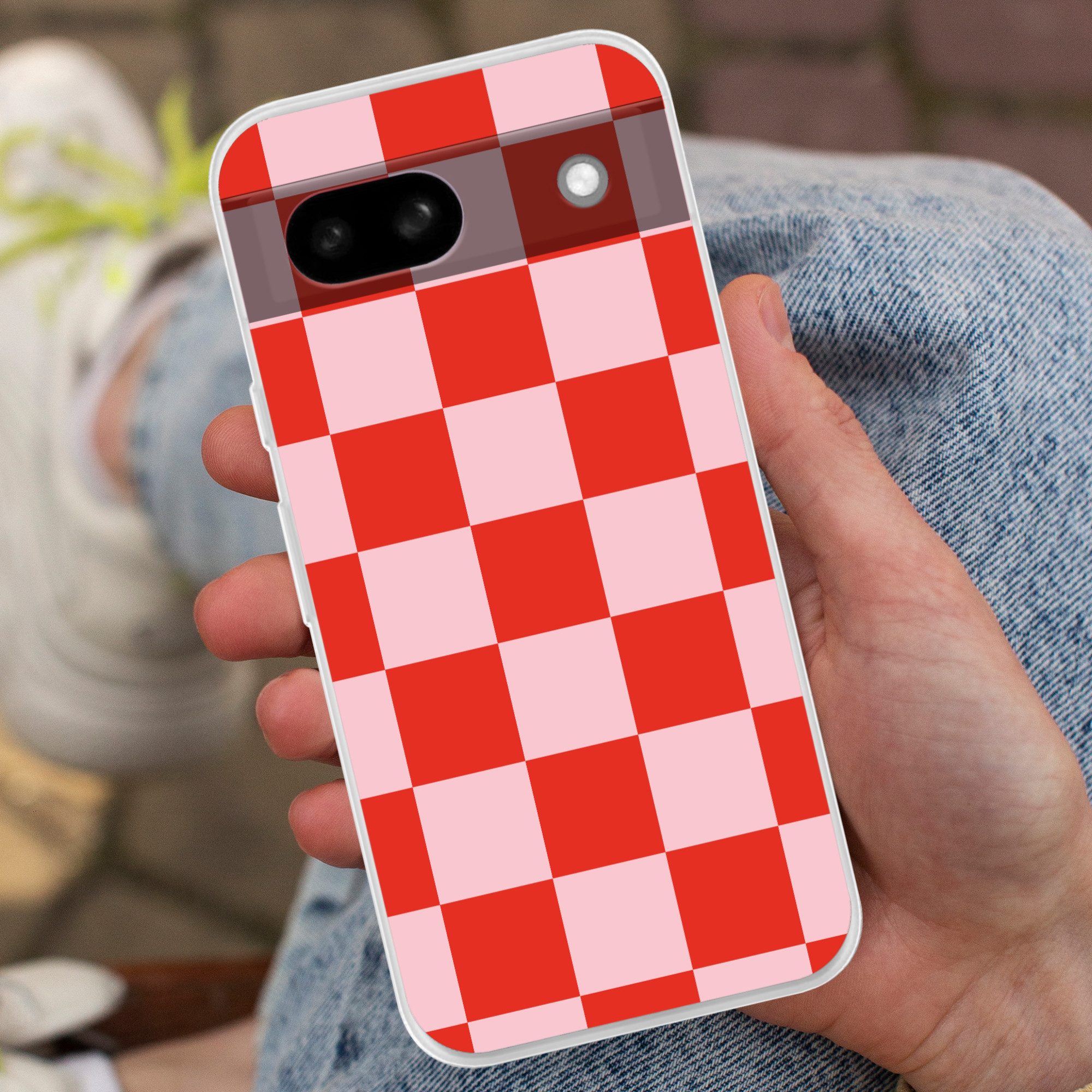 MuchoWow Handyhülle für Google Pixel 8a Schachbrettmuster - Rot - Rosa - Würfel, Phone Case, Silikon, Schutzhülle Dünn