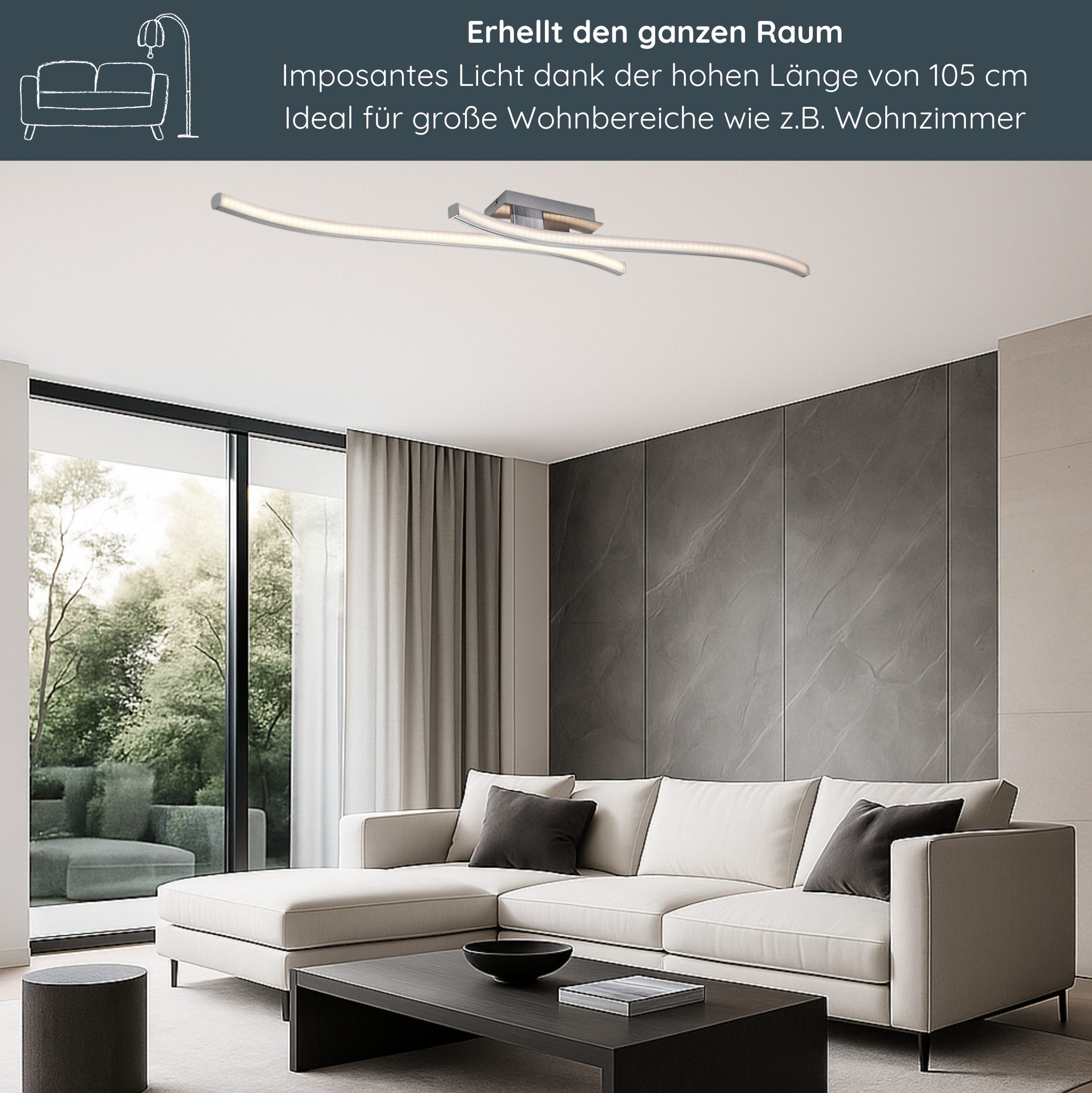 MeLiTec LED Deckenleuchte D124, LED fest integriert, warmweiß, warmweiß, 105 cm, 2 starre Arme, moderne Deckenlampe