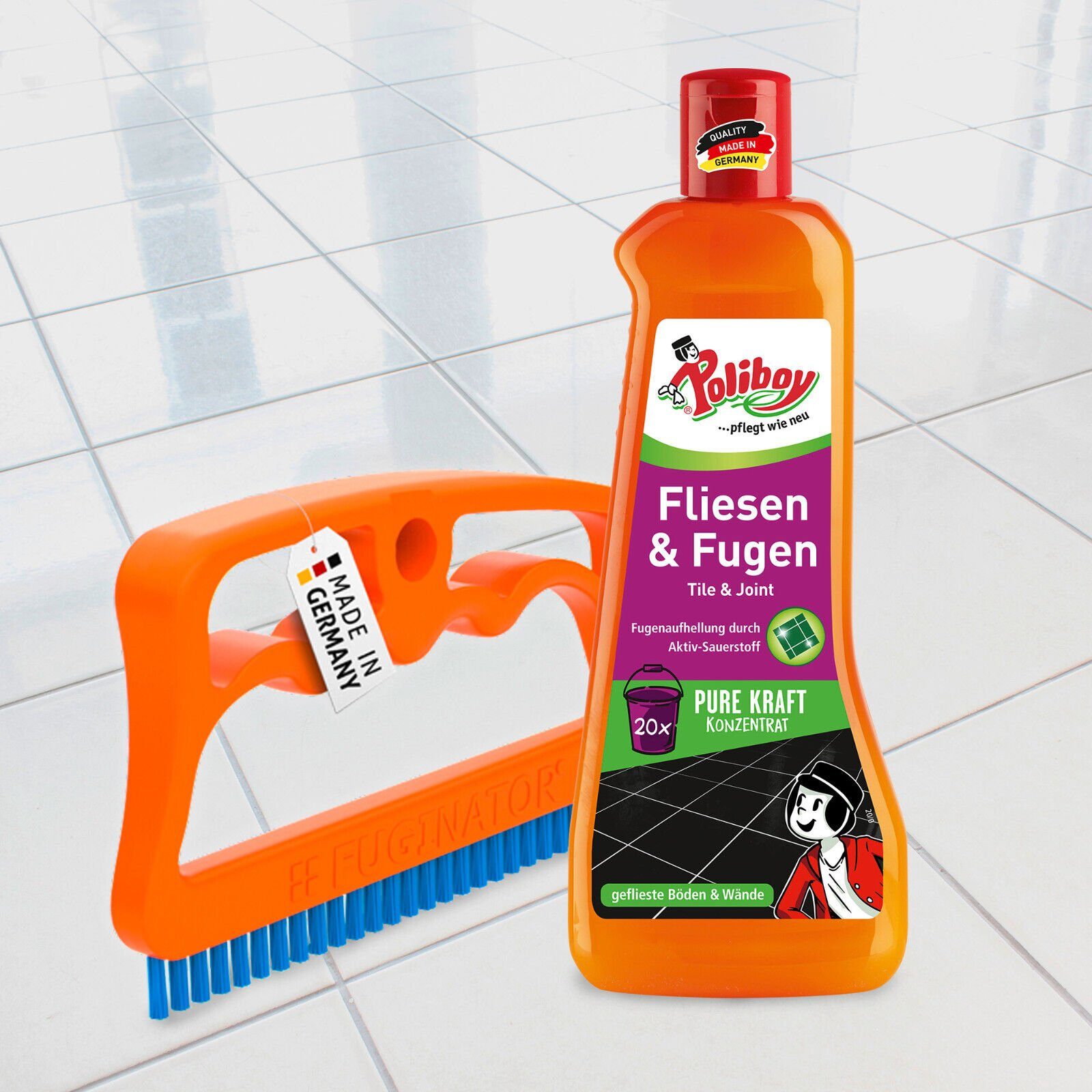 HCR Hygiene Скребок для суглобів FUGINATOR® Fugenbürste, und Poliboy Fliesen- und Fugenreiniger 500 ml, (2, 2-tlg)