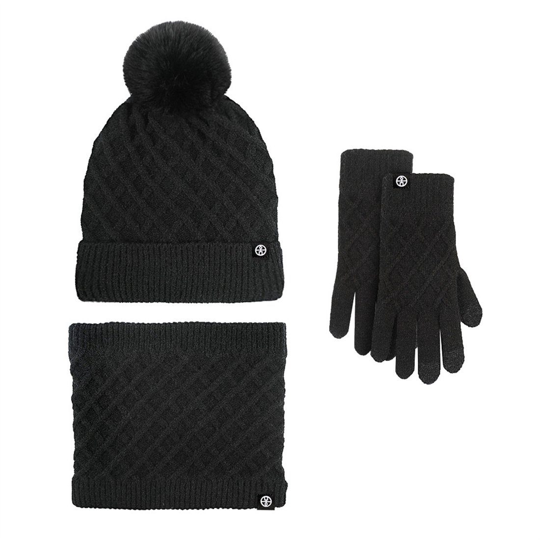 DÖRÖY Strickmütze Winter gepolstert Set Mütze Stück, Schal Schwarz Handschuhe Warm Warm 3