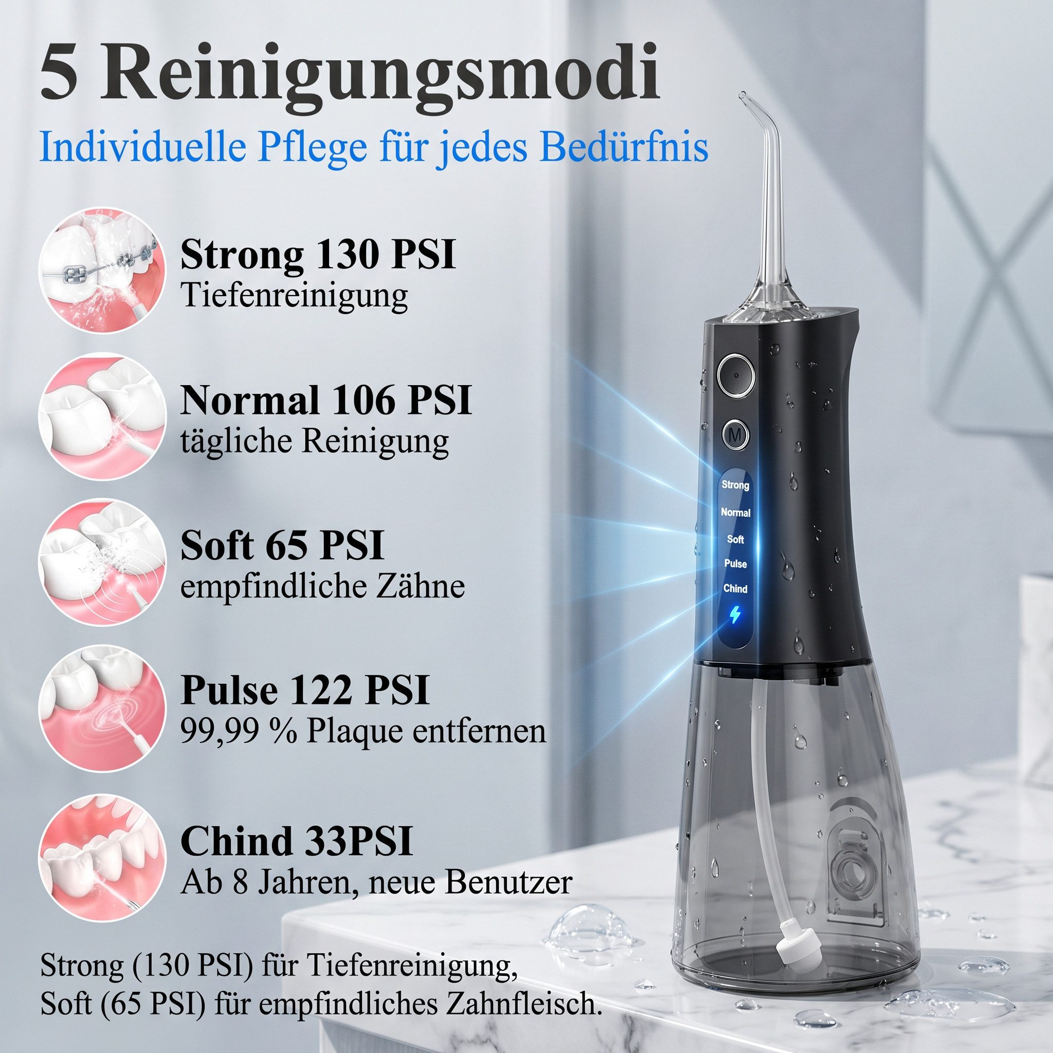 AIMAX Munddusche Munddusche kabellos 300 ml mit 5 Modi und 4 Düsen