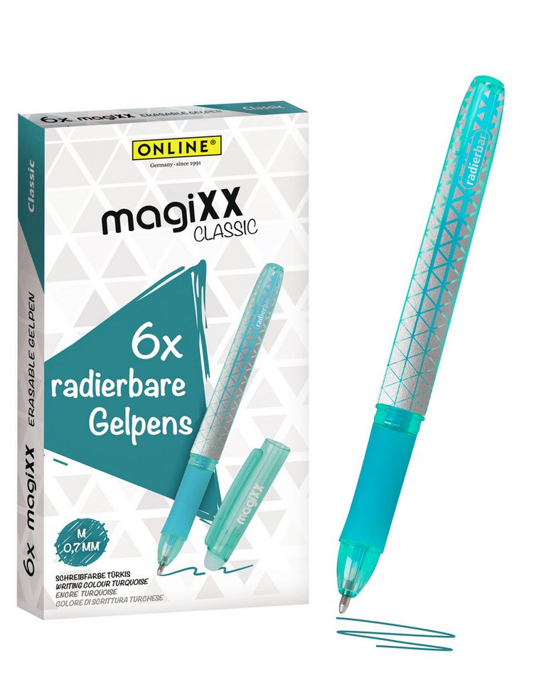 Online Pen Tintenroller magiXX Classic, (6x radierbare Gelschreiber türkis, ergonomisches Griffstück), Gelpens für Schüler, Studenten, Büro