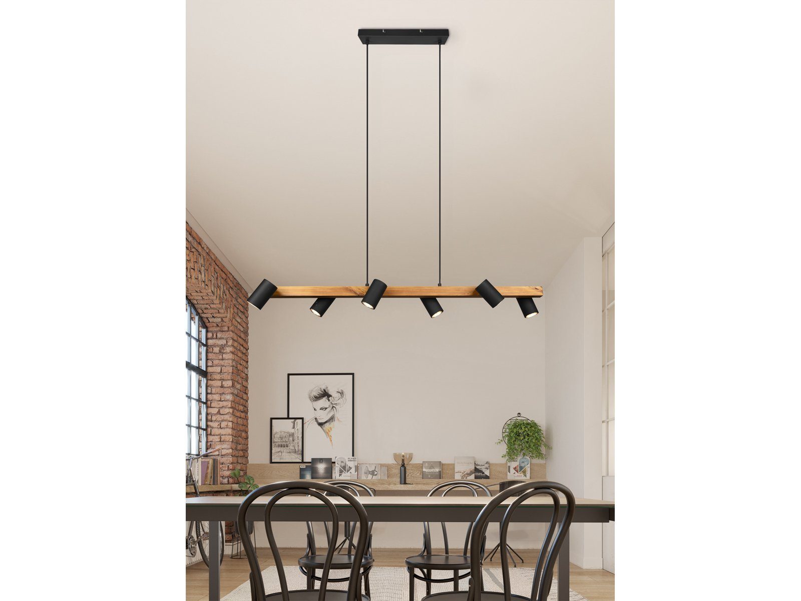 TRIO Leuchten LED Pendelleuchte, Dimmfunktion, LED wechselbar, Warmweiß, Große Esstisch-lampe Holz-balken, Holz-lampen Kücheninsel Breite 115cm