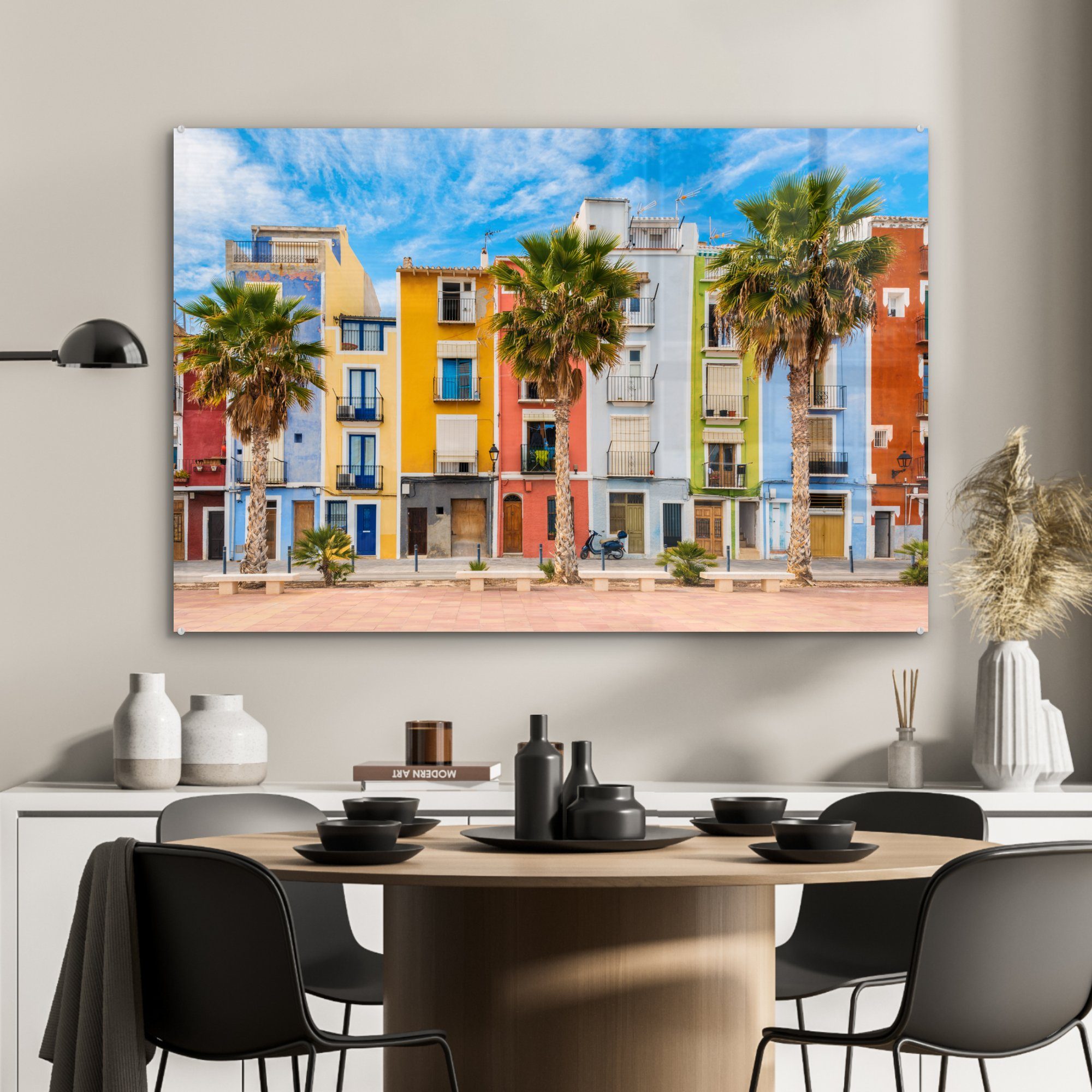 MuchoWow Acrylglasbild Farbenfrohe Häuser in Spanien, Acrylglasbilder Villajoyosa, St), Schlafzimmer (1 Wohnzimmer &