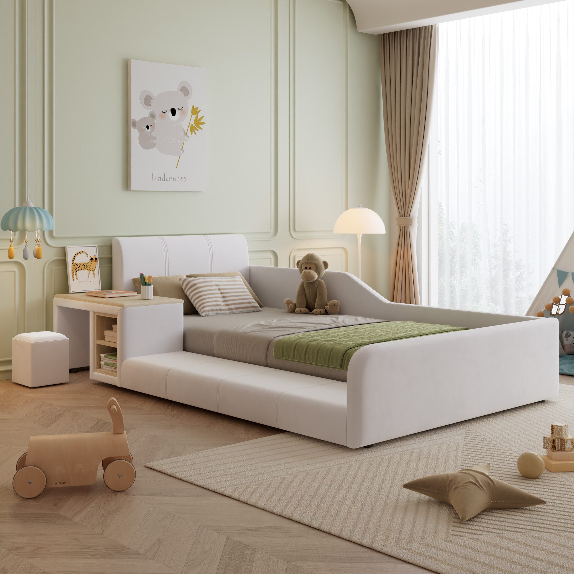 REDOM Polsterbett Kinderbett mit Schreibtisch und Hocker (90x200 cm Samt, Weiches Kopfteil, Robuste Holzlatten, Inklusive Ablageboden, Ideal für Schlafzimmer & Jugendzimmer), ohne Matratze