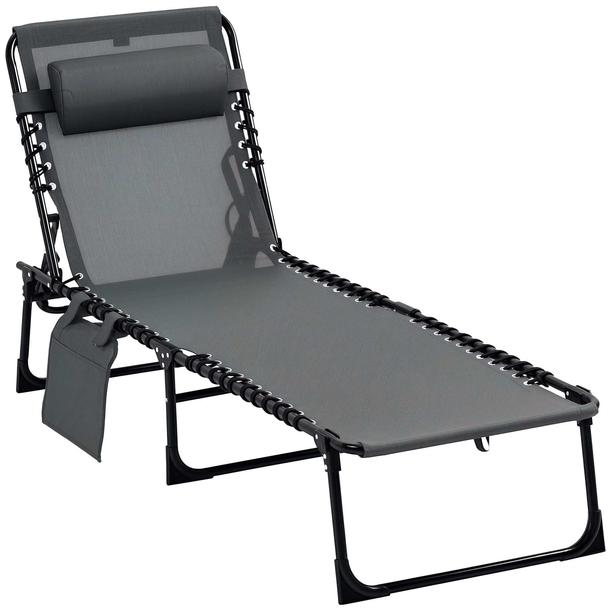 Outsunny Gartenliege Campingliege mit Kopfkissen, Seitentasche, verstellbare Rückenlehne, Sonnenliege klappbar, 1 St., wetterfeste Liegestuhl, bis 120 kg belastbar, für Garten Strand Pool, Grau