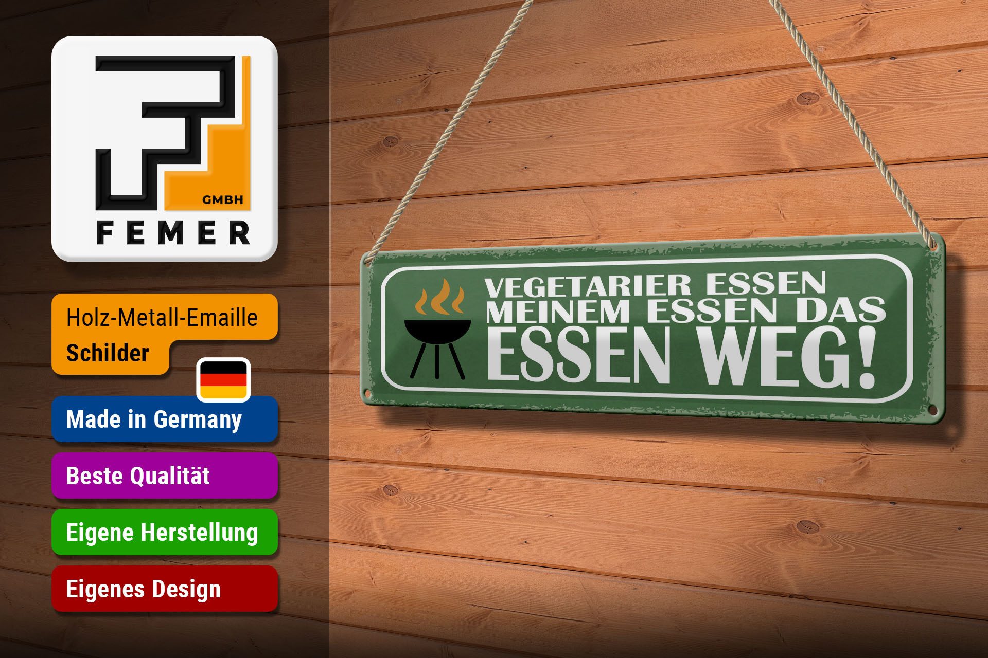 Femer GmbH Metallschild Spruch 46x10 cm Vegetarier essen meinem Essen das Essen weg, (1 St), gewölbte Oberfläche, abgerundete Ecken, umgeschlagene Kanten