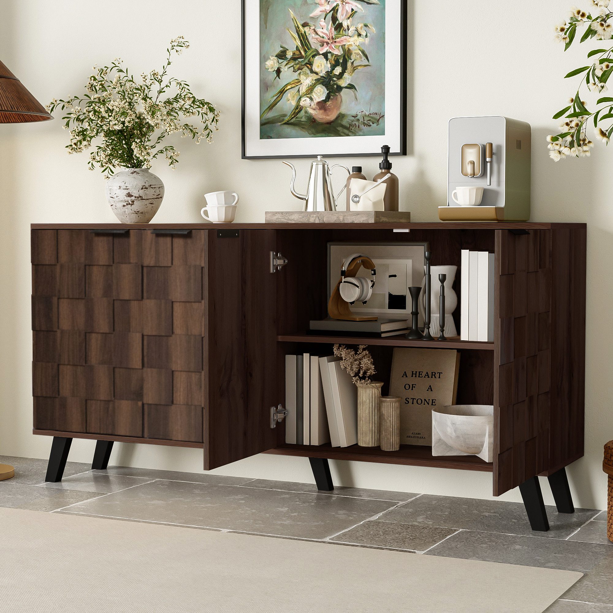 Merax Sideboard mit 4 Türen in dunkler Holzmaserung, geometrische Front (1 günstig online kaufen