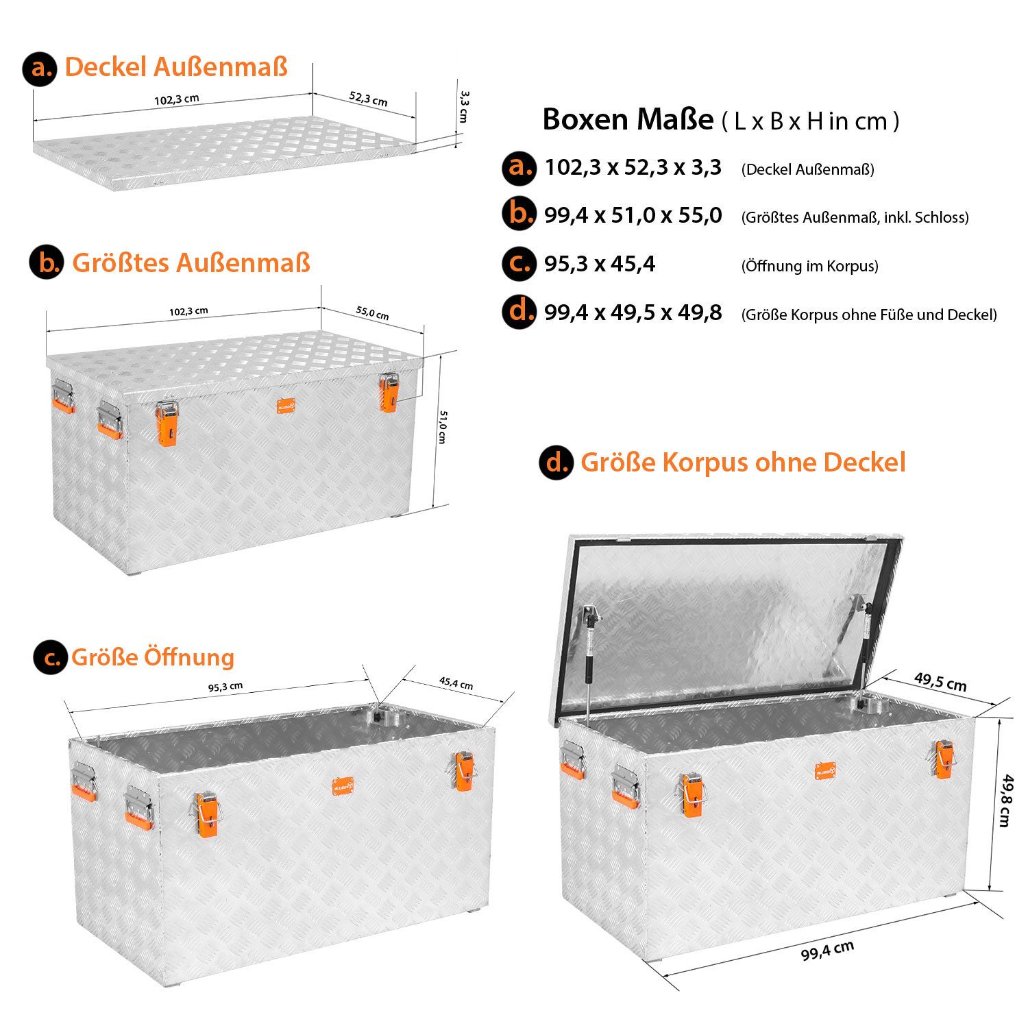 ALUBOX Aufbewahrungsbox aus Aluminiumriffelblech massive Transportkiste (250 Liter), Fangbänder & Gasdruckdämpfer im Deckel