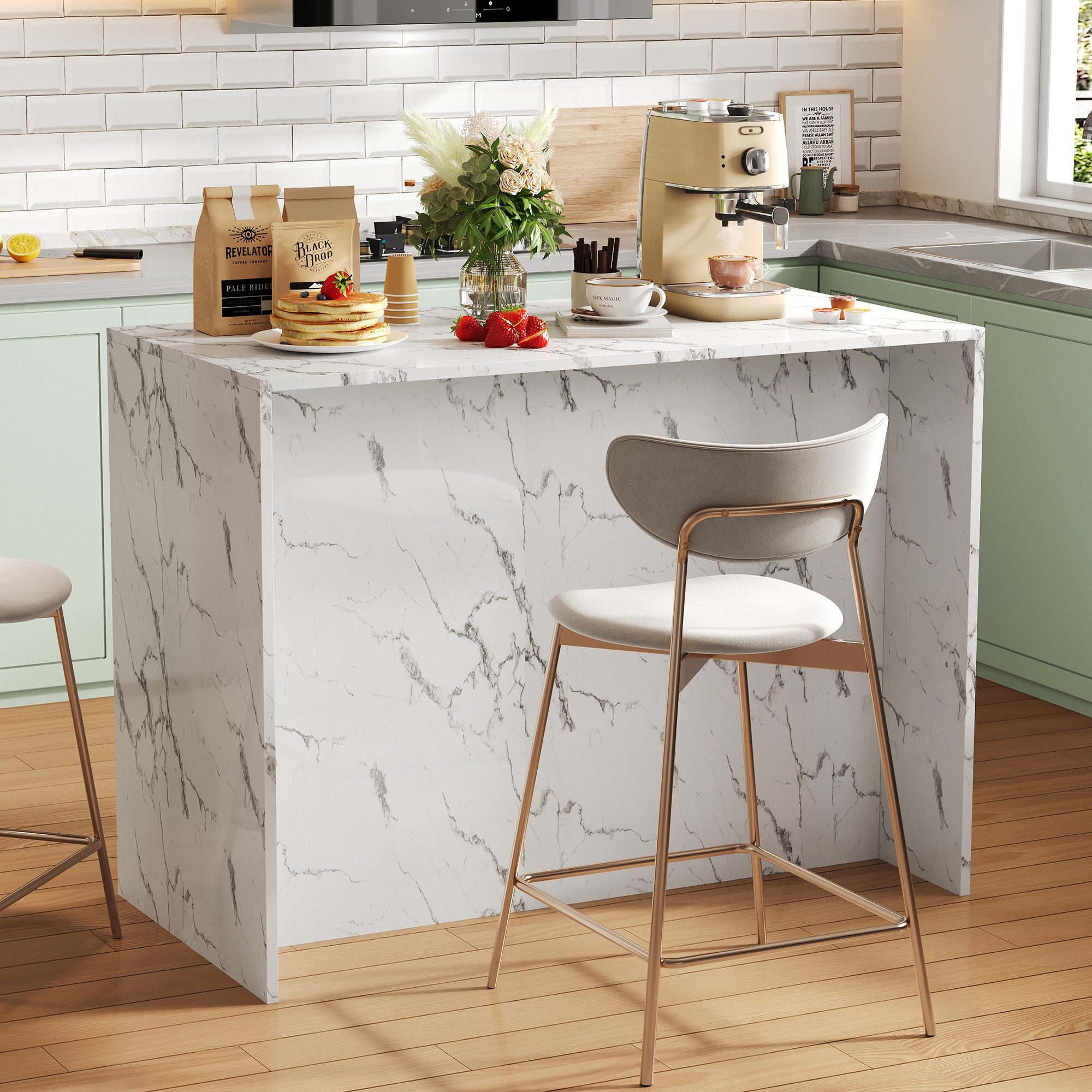 Flieks Kücheninsel mit Arbeitsplatte in Marmoroptik, (120x60x90,5 cm), Küchenschrank mit 3 Schubladen und 3 Türen Buffetschrank Weiß