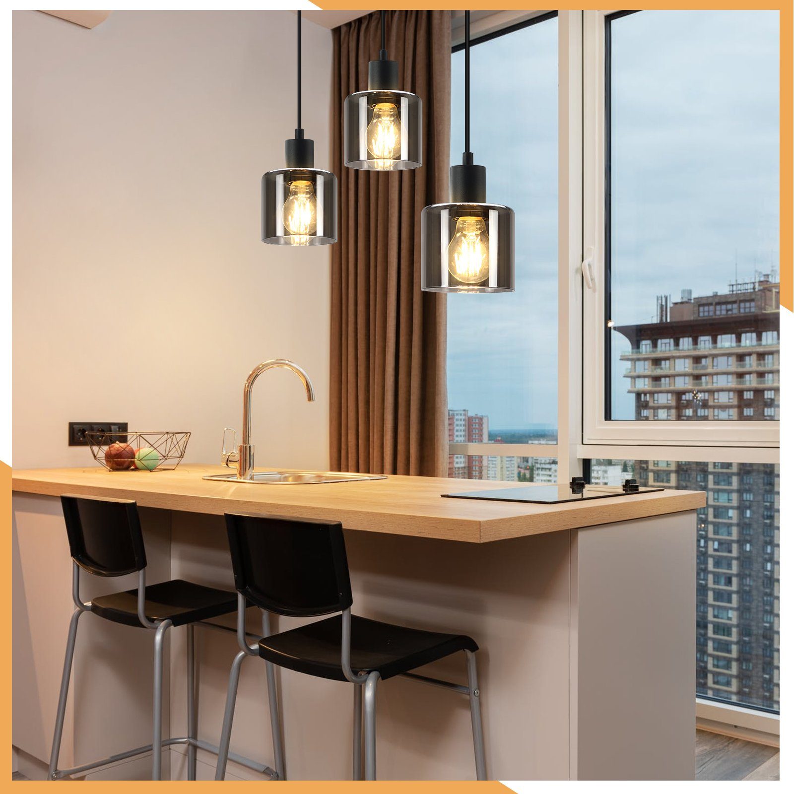 ZMH Pendelleuchte Esstischlampe Hängend Hängeleuchte Schwarz/Berstein - E27 Vintage Flur, ohne Leuchtmittel, Höhenverstellbar für Hotel Büro Vintage Esszimmerla – Bild 5 von 5