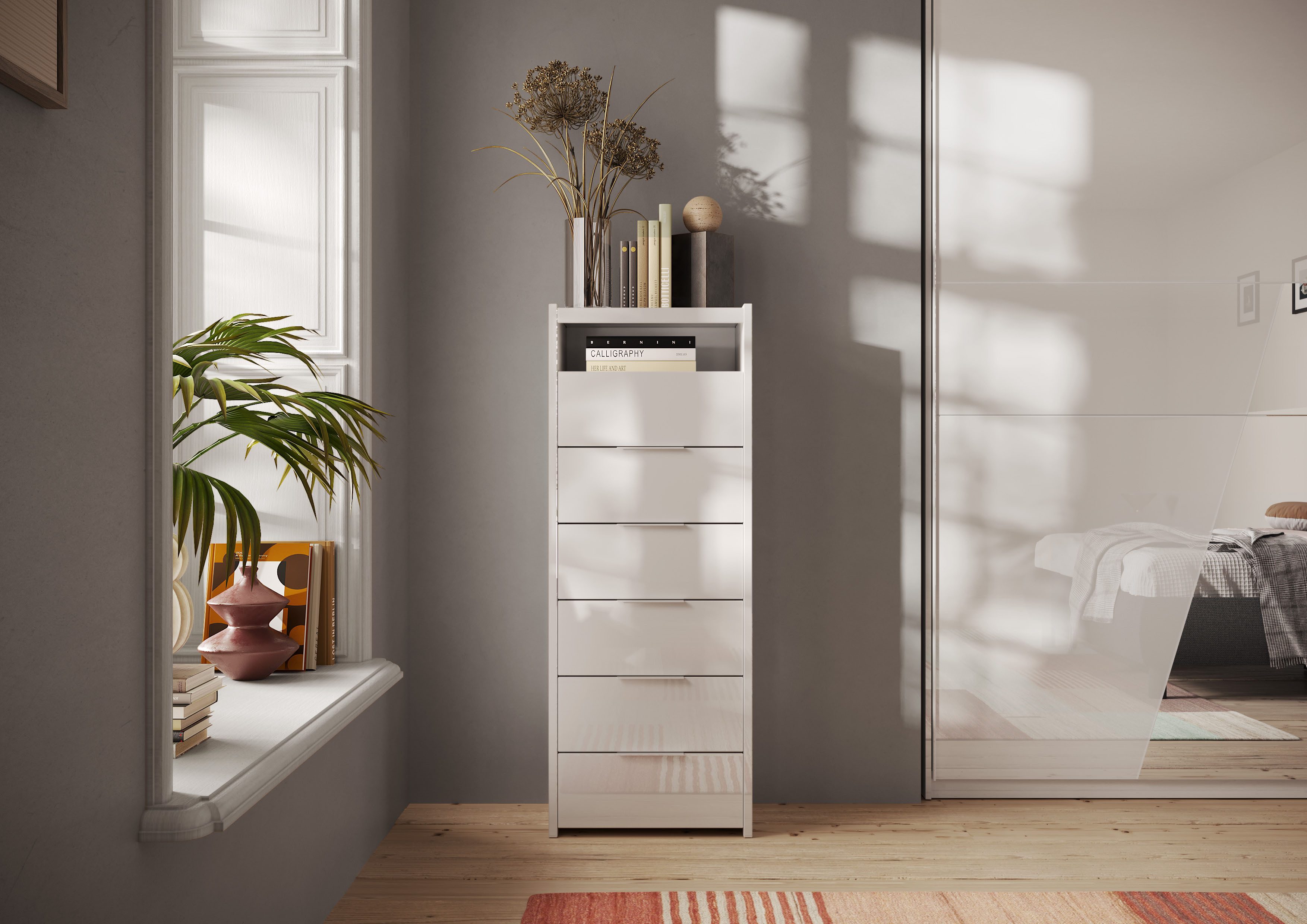 Home affaire Kommode Malmo, Schubkastenkommode B/T/H 52/40/135 cm, mit 6 Schubkästen, offene Ablage, Top 22 mm stark, Metallgriff, Weiss Hochglanz Lack