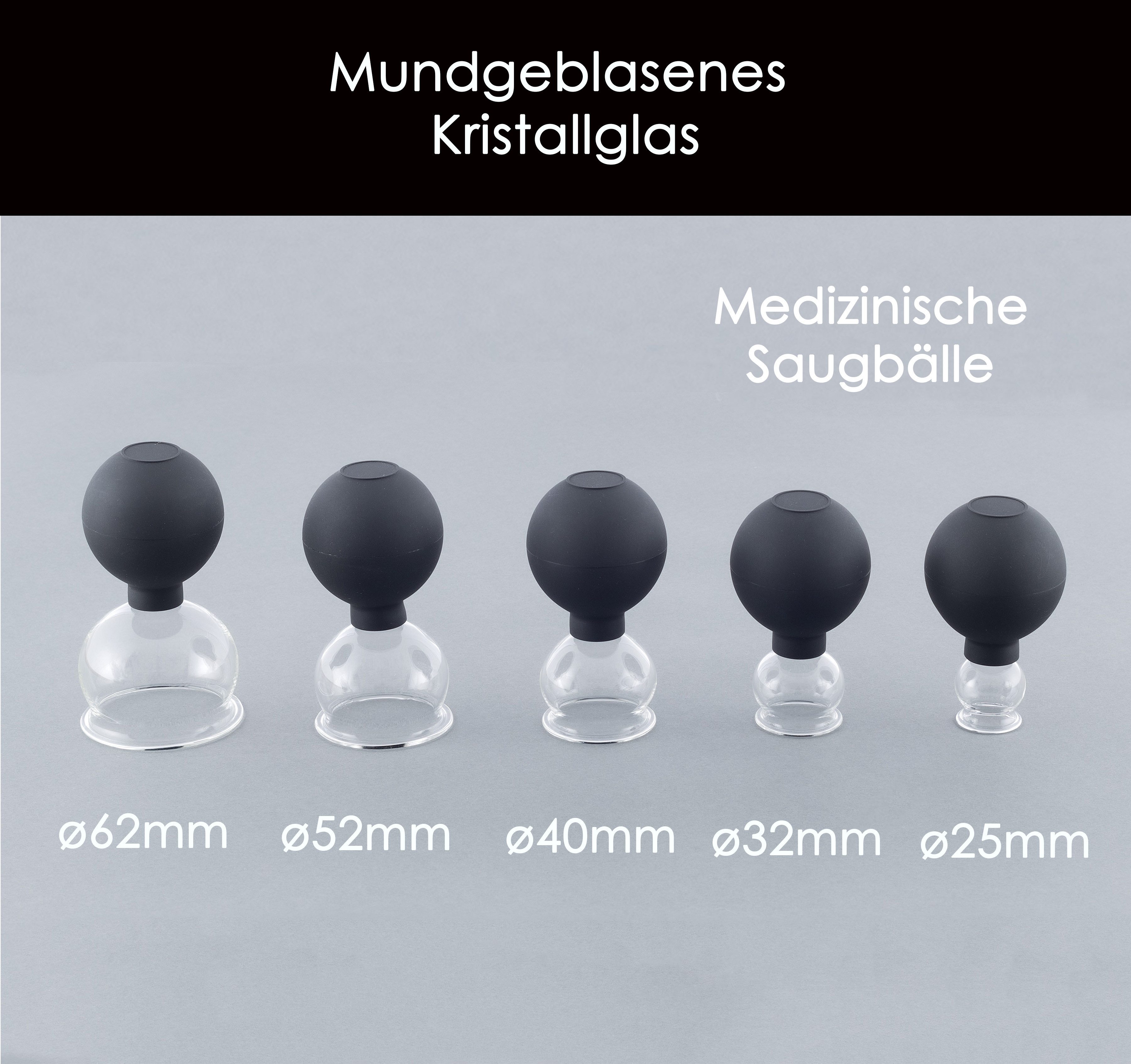 HomeBee Massagerolle Schröpfgläser Set aus Echtglas mit Saugball (Set aus Echtglas mit Saugball, 5-tlg., 5er Set), Optimal gegen Verspannungen