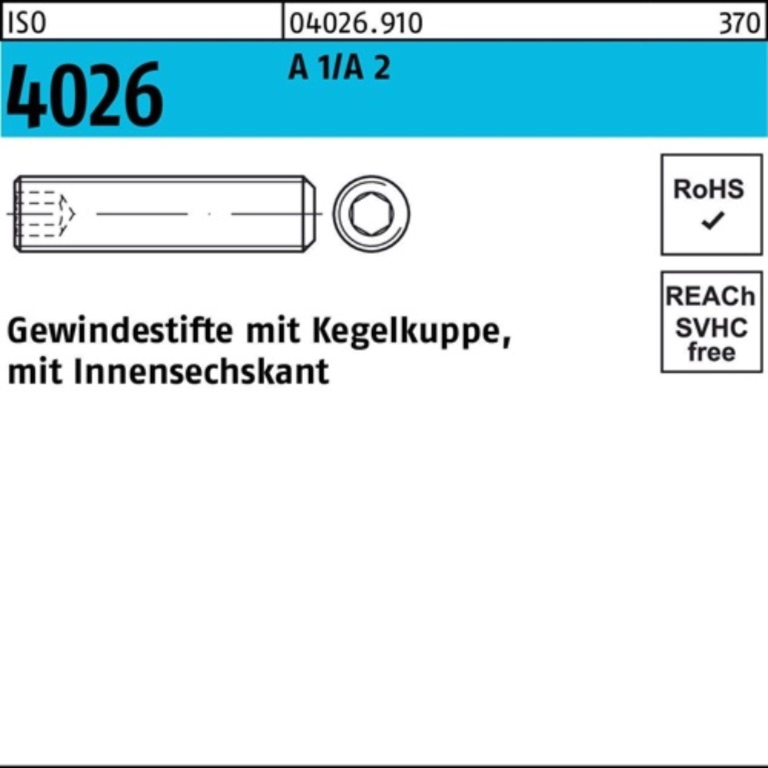 ISO 2 Gewindestift Pack Reyher 1/A 4026 18 A Gewindebolzen Kegelkuppe/Innen-6kt M10x 100er