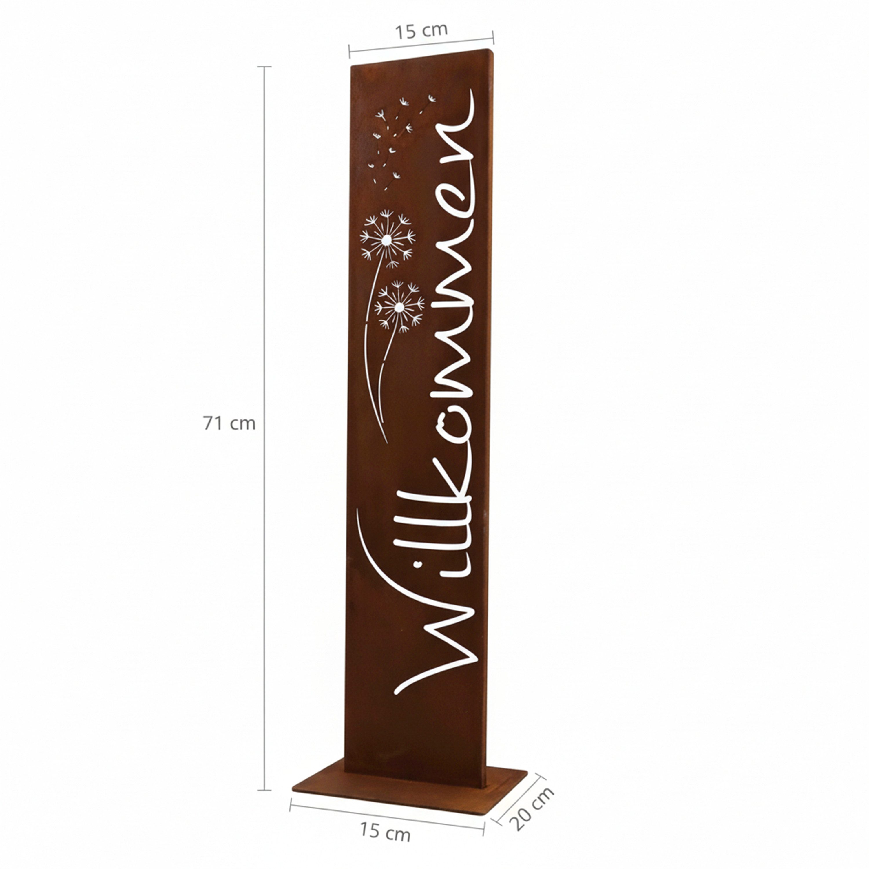 Rostikal Deko-Schriftzug Willkommen Stele Pusteblume Gartendeko Edelrost Cortenstahl, Dekorative Metallstele mit feinem Motiv, Gartenbereich & Eingangszone – Bild 4 von 5