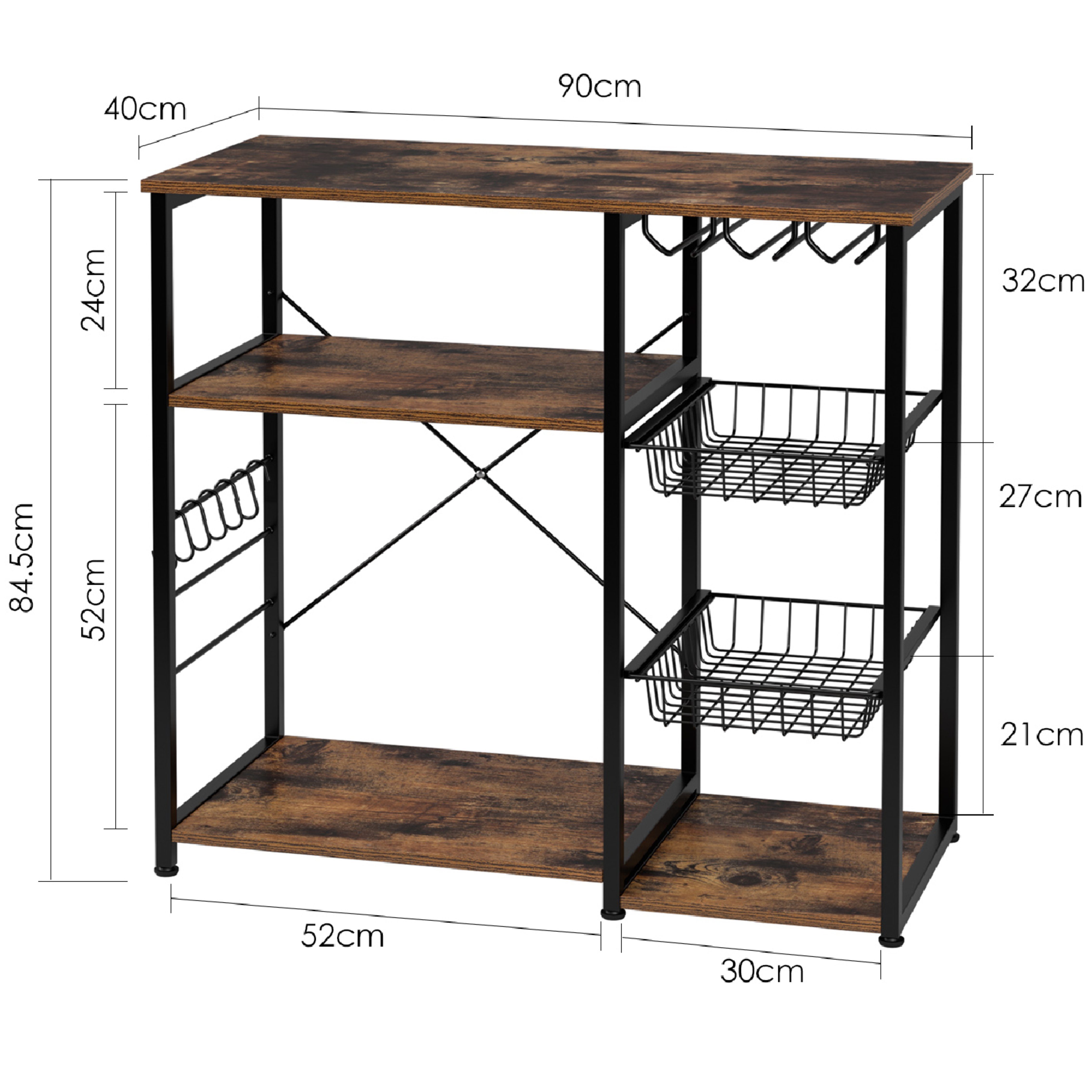 Homfa 2 Drahtkörbe Standregal, 6 Küchenregal Bäckerregal Haken 90x40x84cm