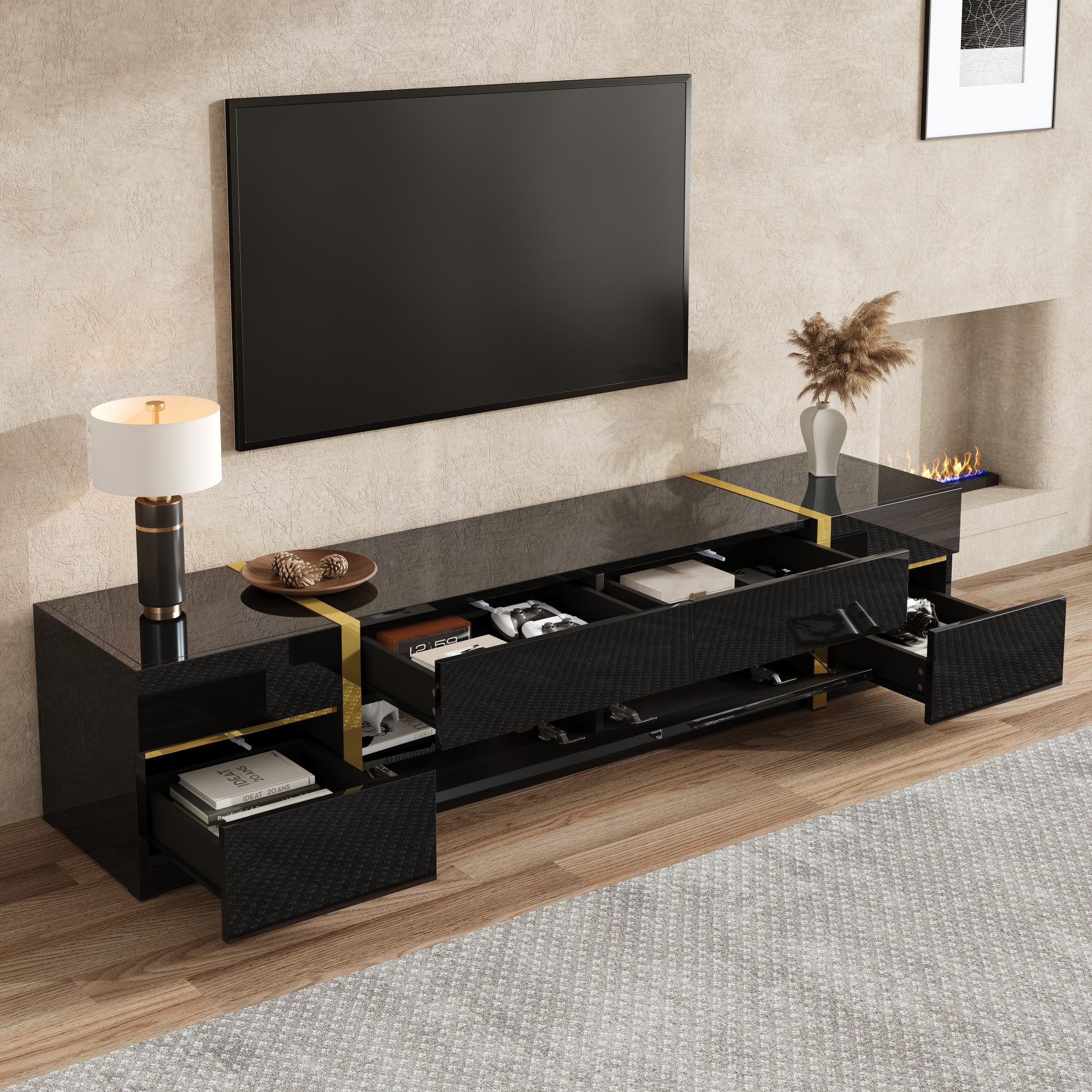 REDOM TV-Schrank 180x40x38 cm, Hochglanz mit Goldkanten (Packung, 1-St., Mit Schubladen & Türen, viel Stauraum) Luxuriöses TV-Möbel im modernen Stil