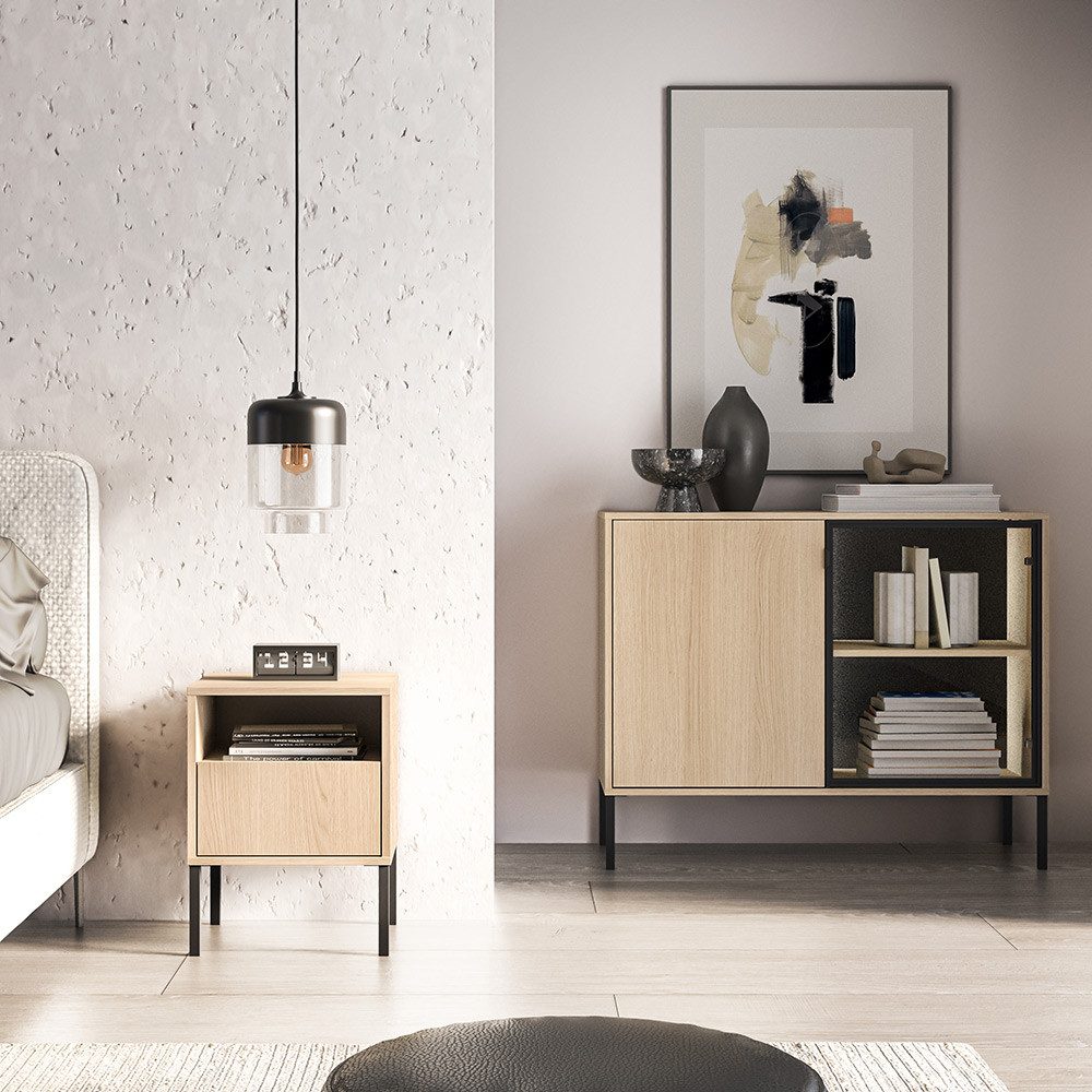 Lomadox Wohnzimmer-Set BANSIN-131, (Mega-Spar-Set, 2-St., Kommode), in Eiche, Glasfront, griffloses Design, modern