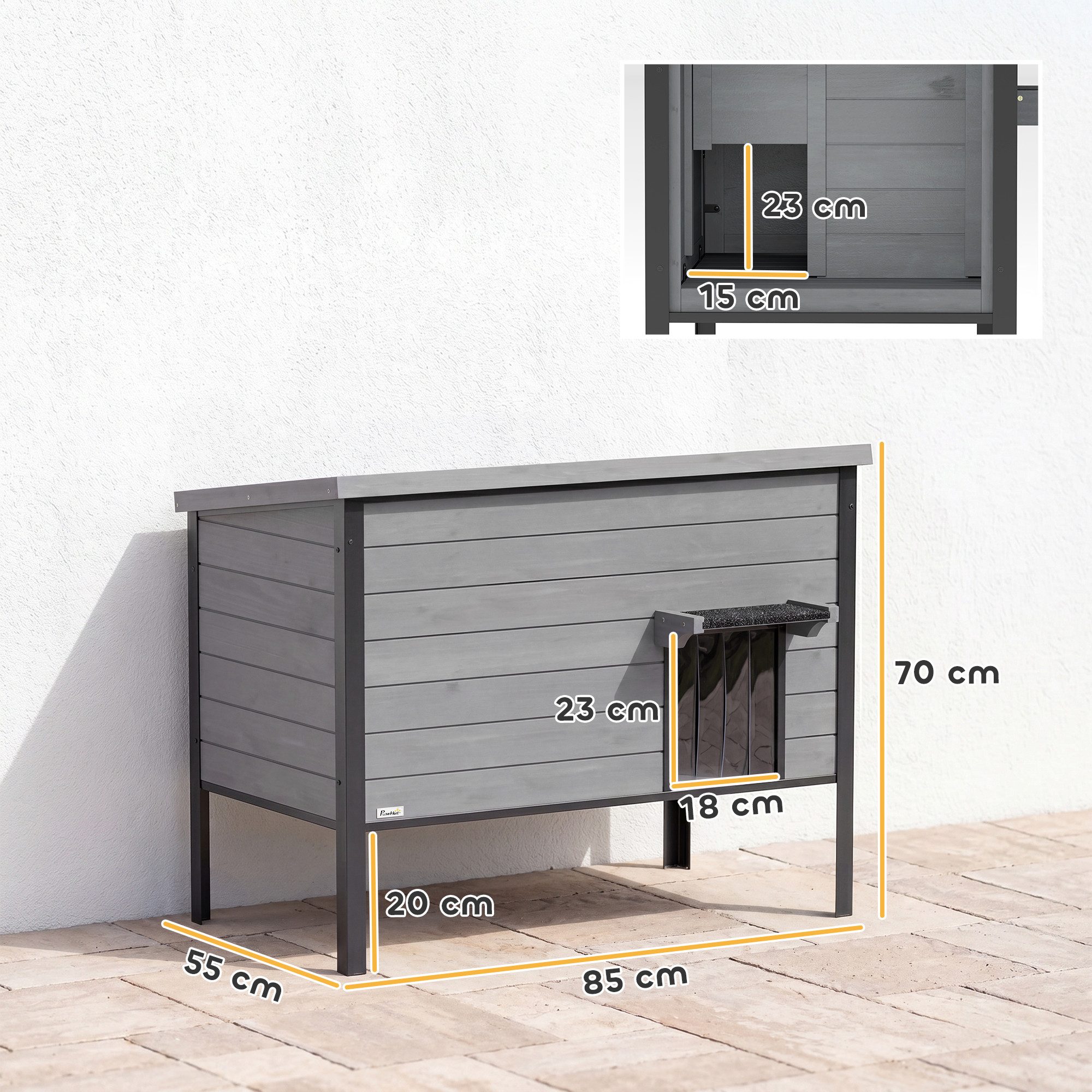PawHut Tierhöhle Katzenhaus Wetterfeste Katzenhütte aus Holz, für 1-2 Katzen bis 12 kg für drinnen draußen 85x55x70 cm Hellgrau