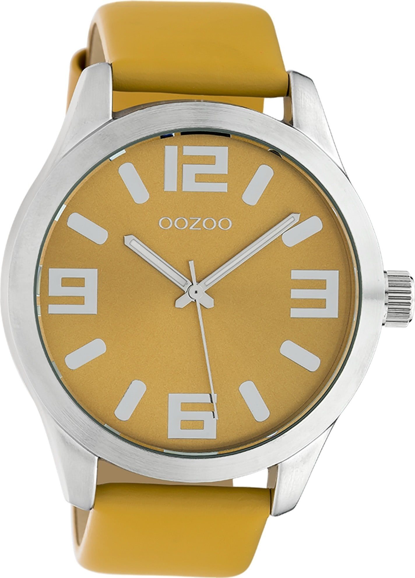 OOZOO Quarzuhr Lederarmband, Oozoo Analog, senfgelb (ca groß Damen, Herrenuhr 46mm) extra rund, Damen FashionStyle Armbanduhr