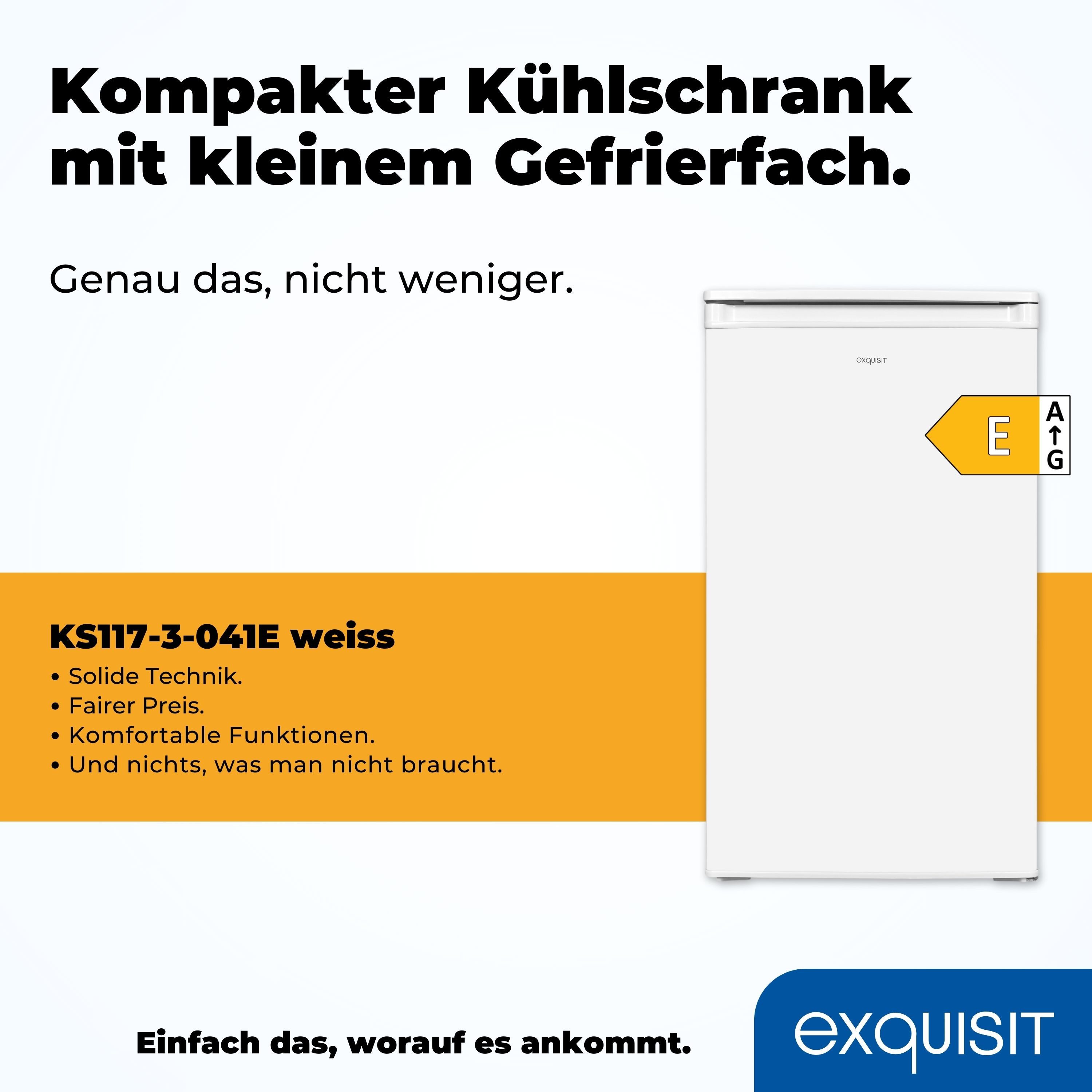 exquisit Kühlschrank KS117-3-040E weiss, 85 cm hoch, 48 cm breit, Perfekte Kühlung & Gefrierfach: 81 L Mini-Kombi für jede Küche"