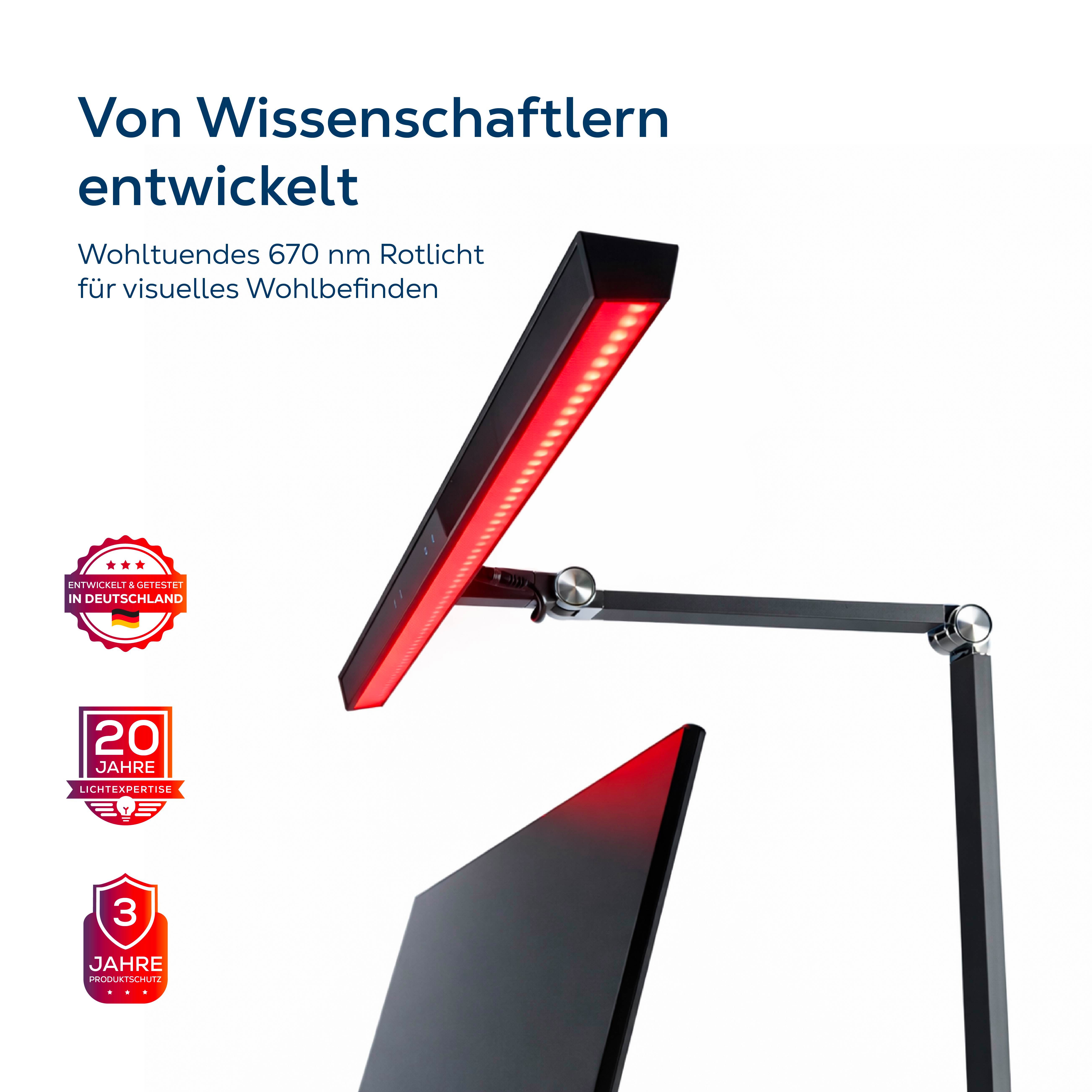 heilys® Schreibtischlampe AddRed, LED fest integriert, Vollspektrales Weißlicht (3000K, Ra98) + 670 nm Rotlicht, Tageslichtweiß, Warmweiß, 3000K, augenfreundlich