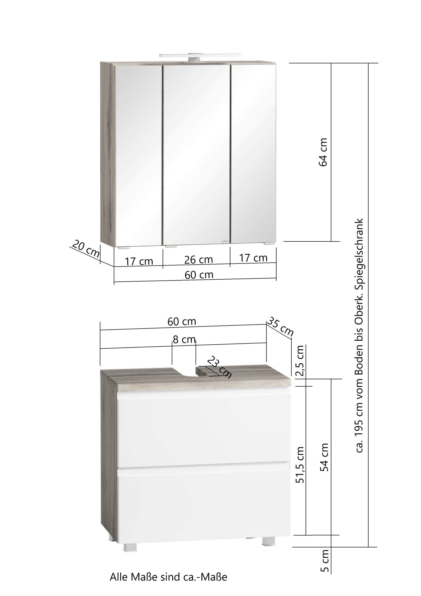 HELD MÖBEL Badmöbel-Set (2-teilig) in grau / Wotaneiche-Dekor - 60x195x35cm (BxHxT), (2-teilig)