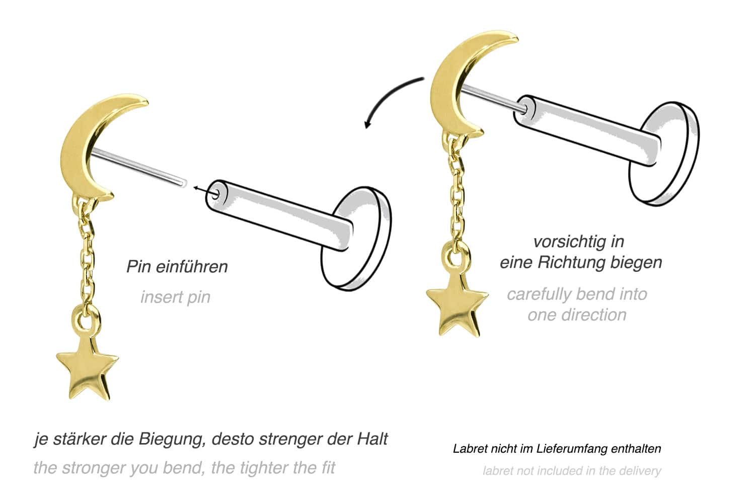 PIERCINGLINE Piercing-Set 14 Karat Gold Aufsatz mit Titan Push Pin MOND + STERN (Push Pins, 1-tlg)