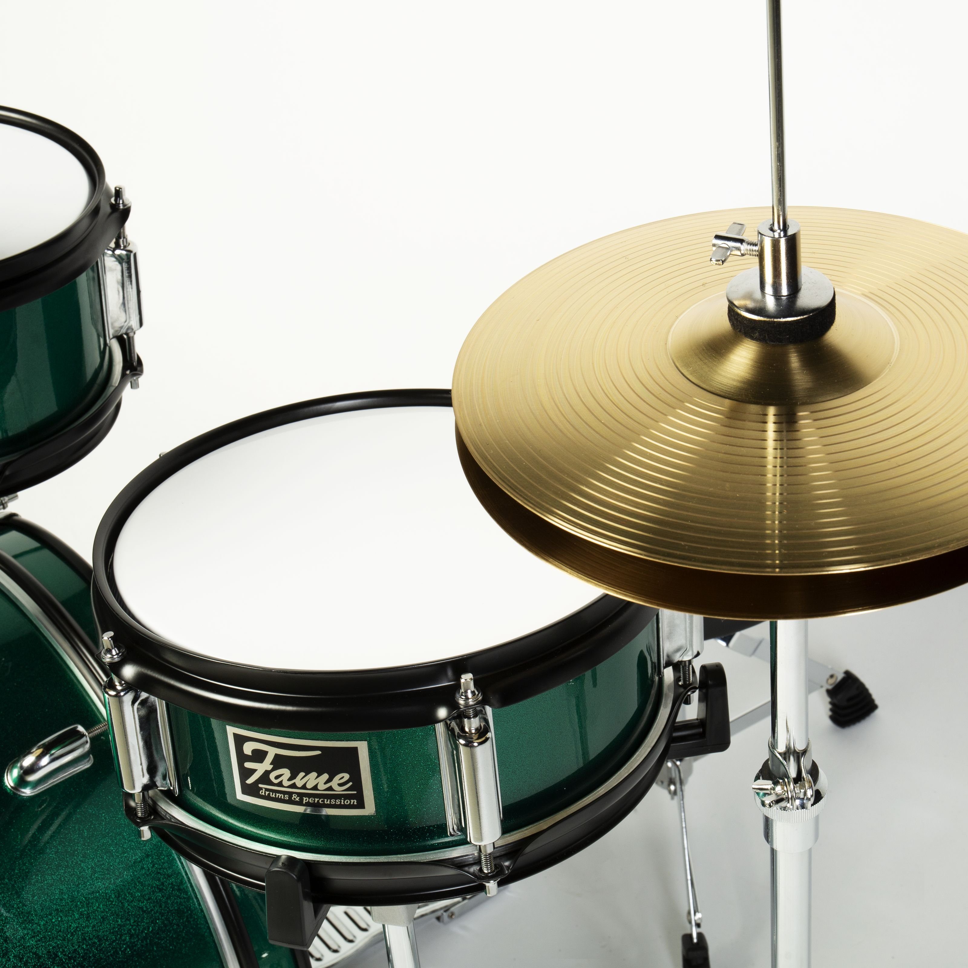 FAME Schlagzeug,3 PC Junior Drumset Green Kinderschlagzeug mit Bass Drum Tom Snare Hardware und Hocker von 3 -9 Jahren mit Zubehör und Drumsticks, Schlagzeuge, Drum-Sets, Kinderschlagzeug, Junior Drumset, 3 PC Junior Drumset Green