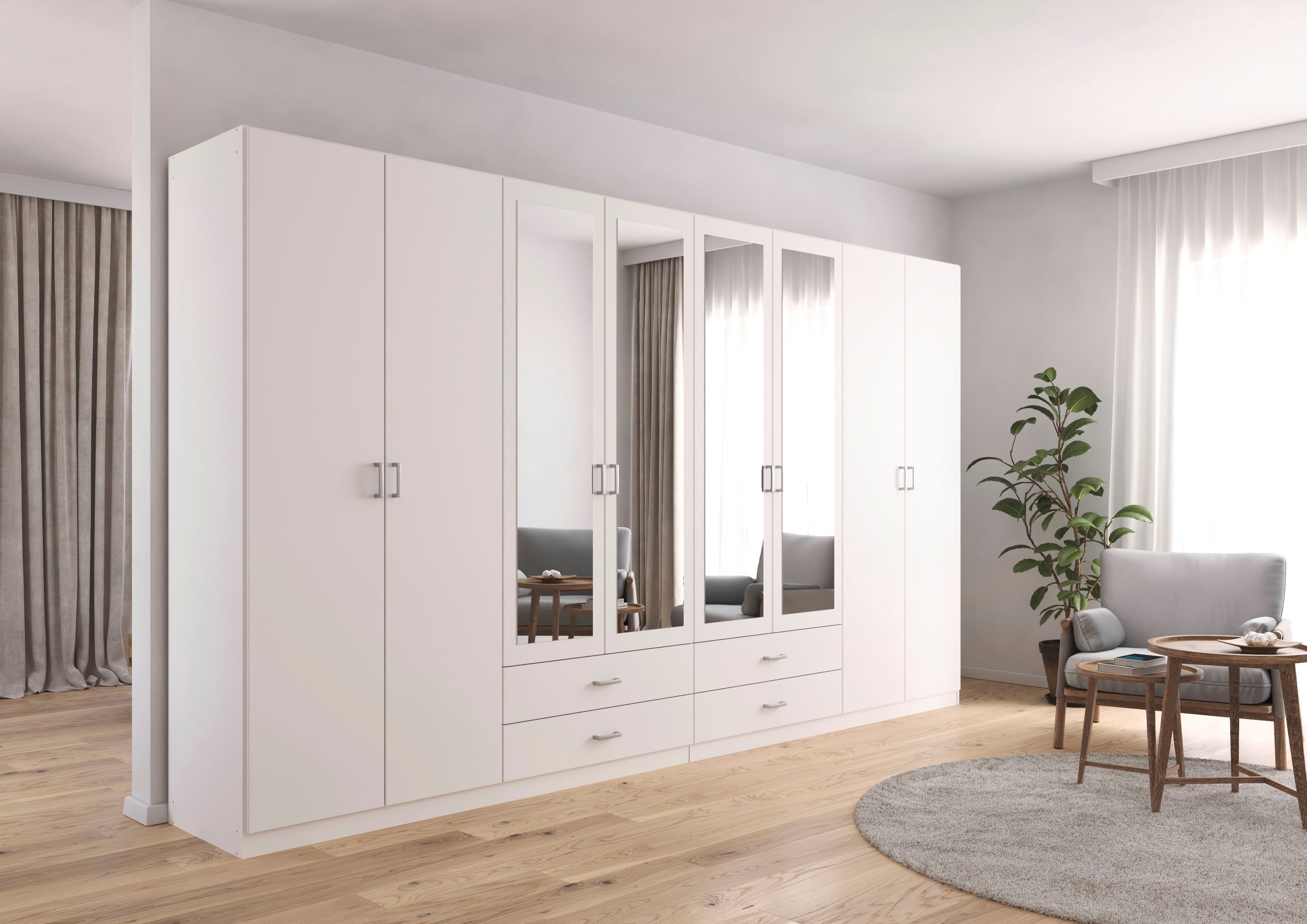 rauch Kleiderschrank Schrank Garderobe Ankleide GAMMA Breiten 91/136/181/226/271/315/360 cm (in 3 Ausstattungen BASIC/CLASSIC/PREMIUM (inkl. SOFT-CLOSE-Funktion) verschiedene Griff-Varianten, mit Spiegel TOPSELLER MADE IN GERMANY