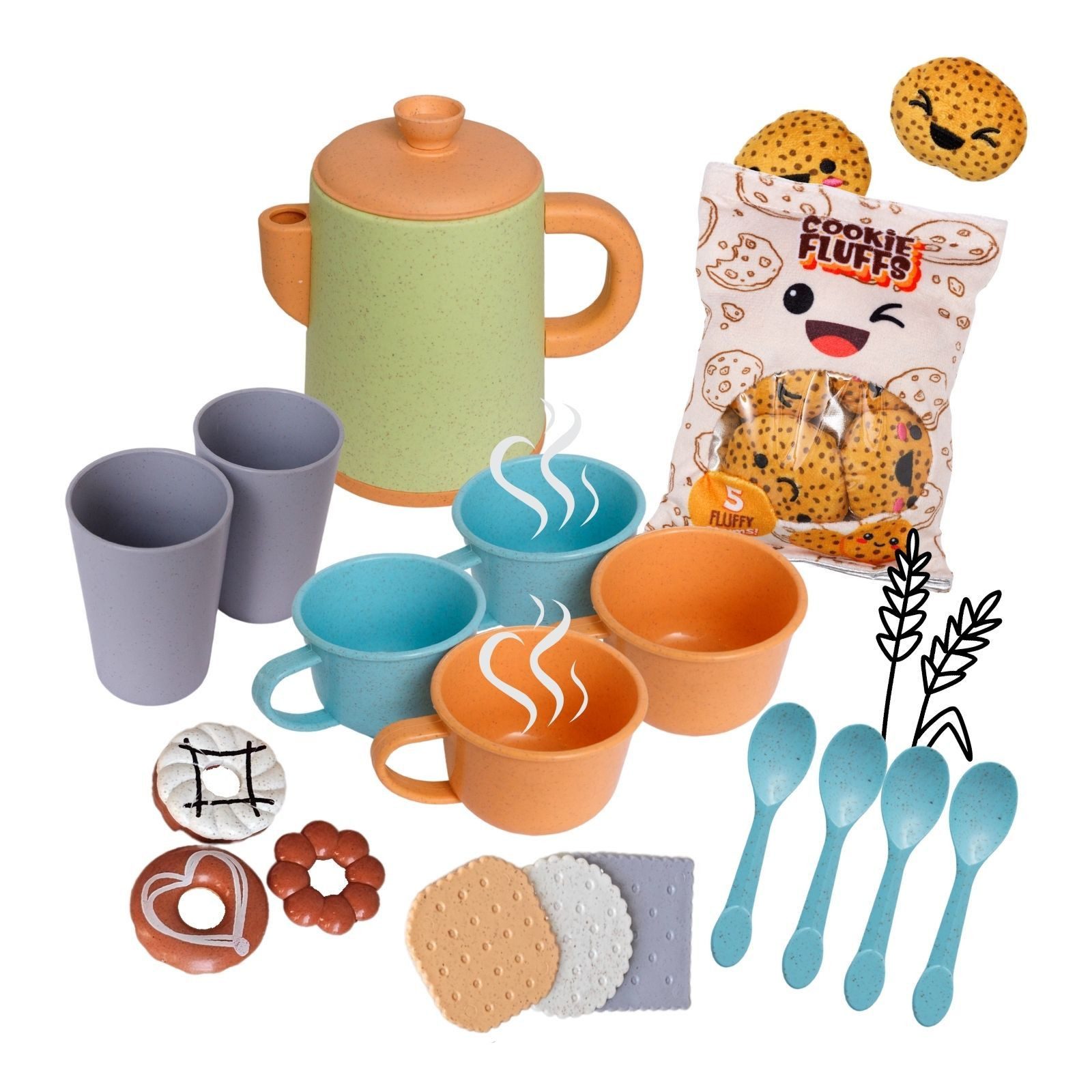 alldoro Spielgeschirr Kaffeeservice mit 5 süßen Plüsch-Keksen, Spielset für die Kinderküche, Spielküchen-Zubehör für Kinder ab 3, Plüsch-Snacktüte m. Knistereffekt