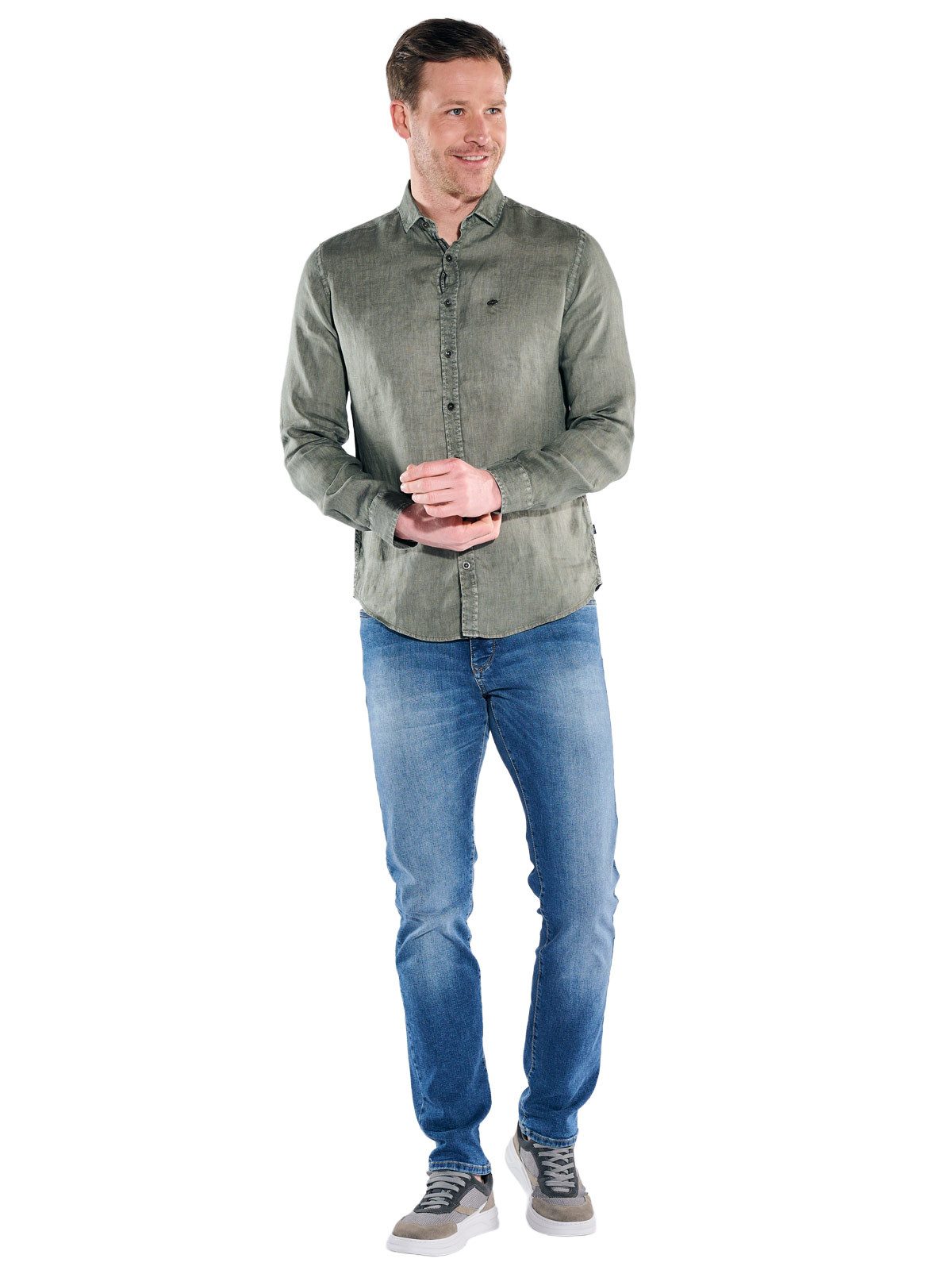 Engbers Langarmhemd Herren Leinenhemd mit gewaschener Optik, Khaki