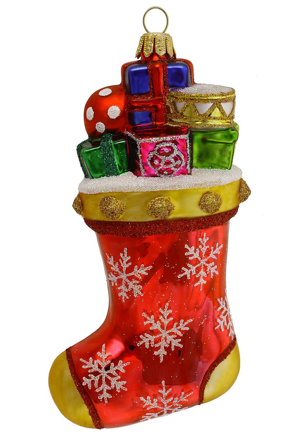 Hamburger Weihnachtskontor Christbaumschmuck Strumpf mit Geschenken, mundgeblasen - handdekoriert