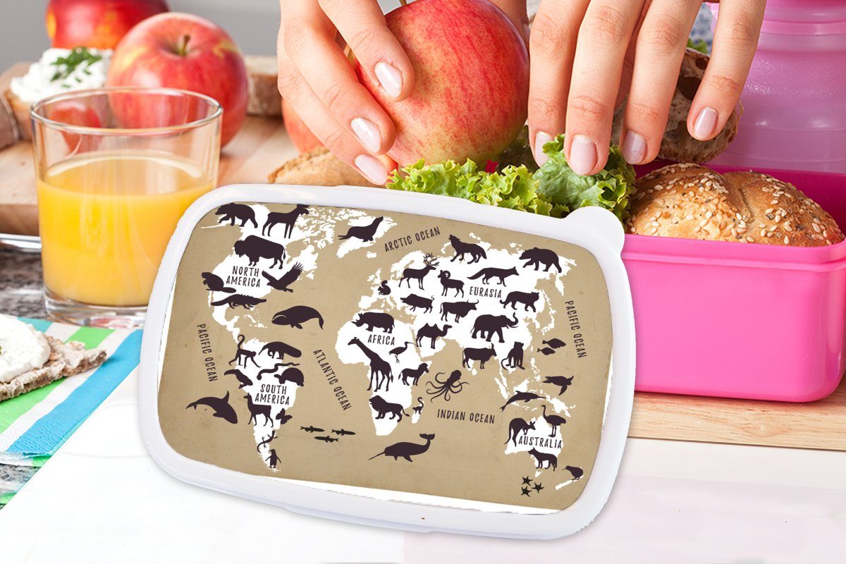 MuchoWow Lunchbox Weltkarte - Erwachsene, rosa - Kunststoff, Brotbox Brotdose für Mädchen, Kinder, Kunststoff (2-tlg), Snackbox, Tiere, Sepia