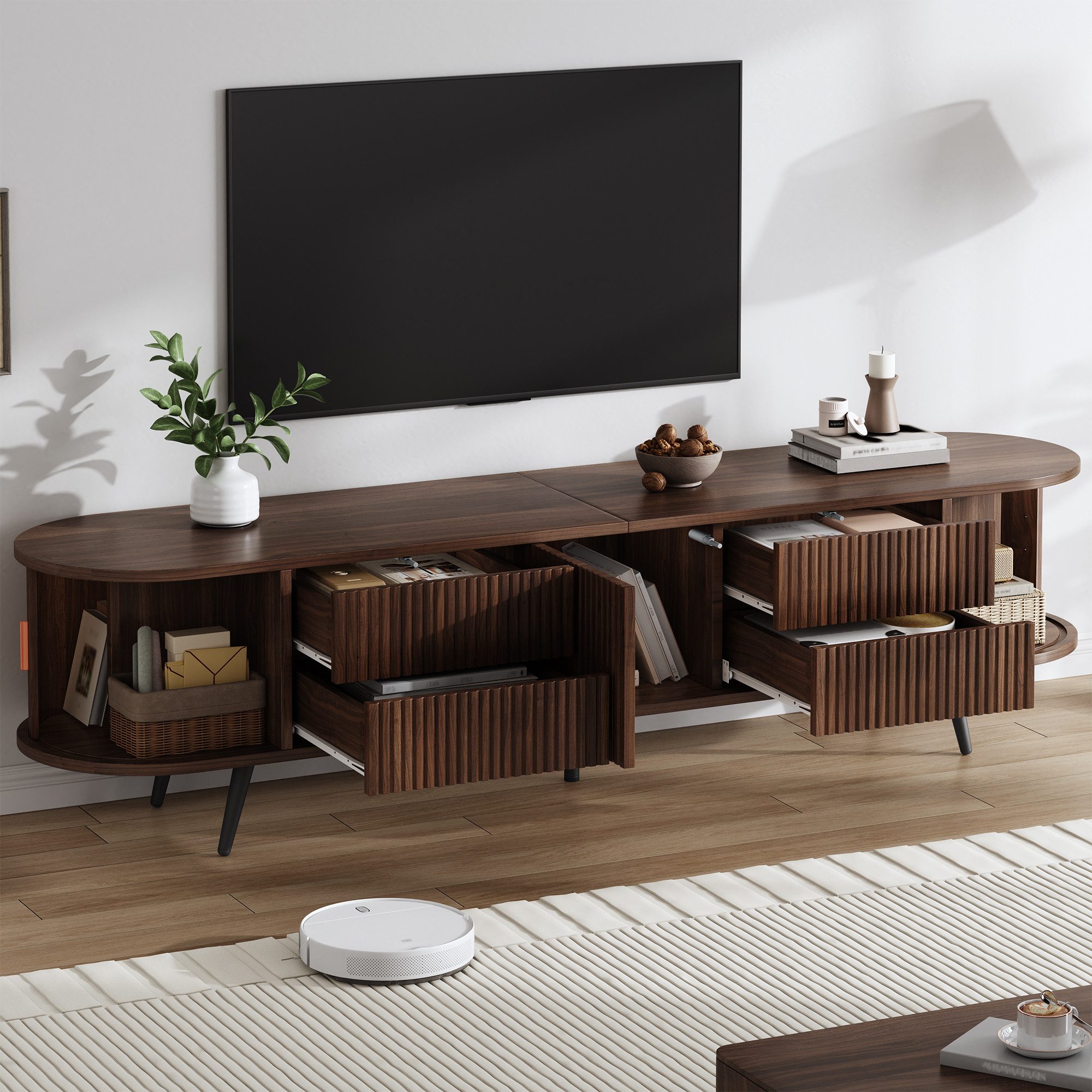 STILVORA Lowboard TV-Schrank mit 4 Schubladen Ovaler TV-Ständer für bis zu 80 Zoll (Wohnzimmerschrank mit Vertikalen Streifen Design, Rollladentürdesign, für bis zu 80 Zoll), Nussbaum dunkel