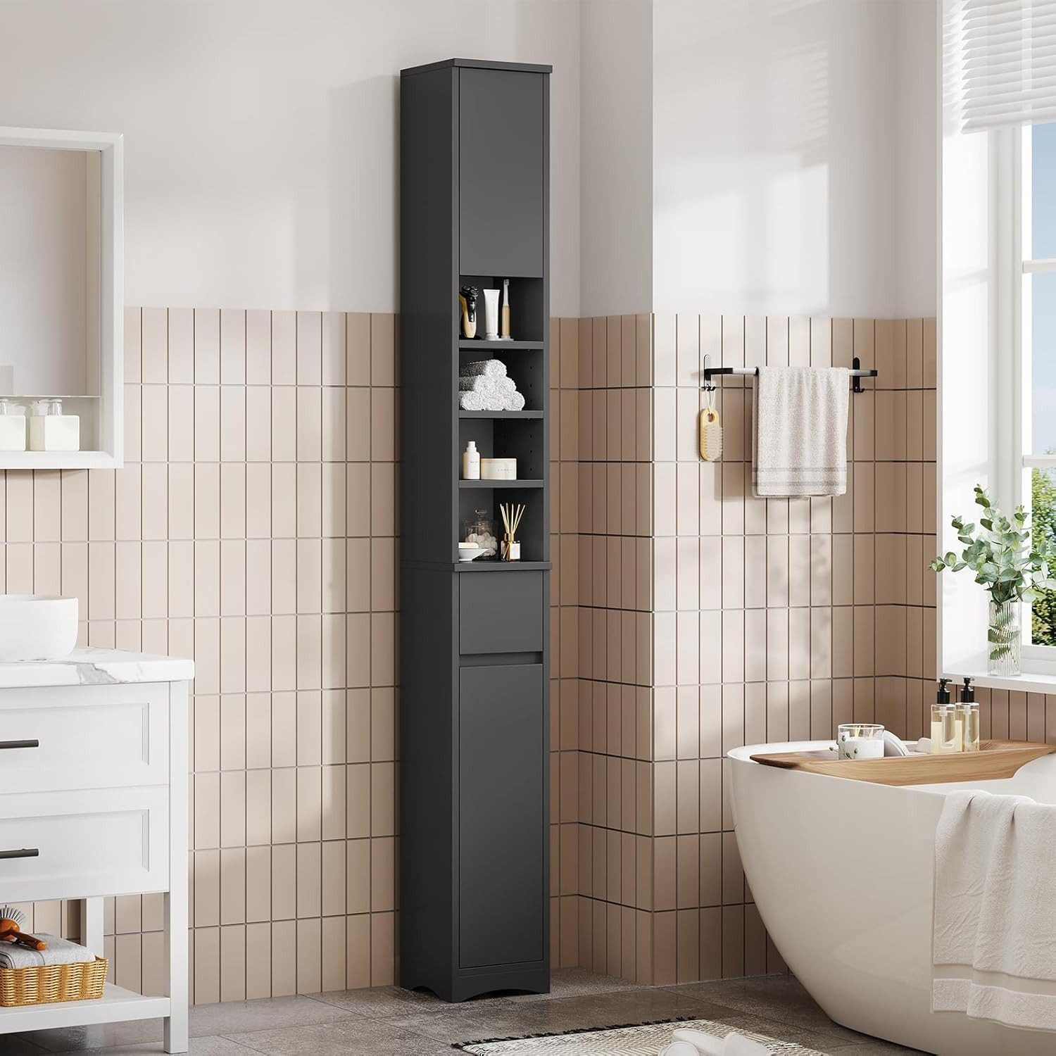 MSMASK Badkommode Badezimmerschrank, Badschrank mit 4 offenen Ablagen und 1 Schublade, Strapazierfähig, Kippschutz, Kratzfest