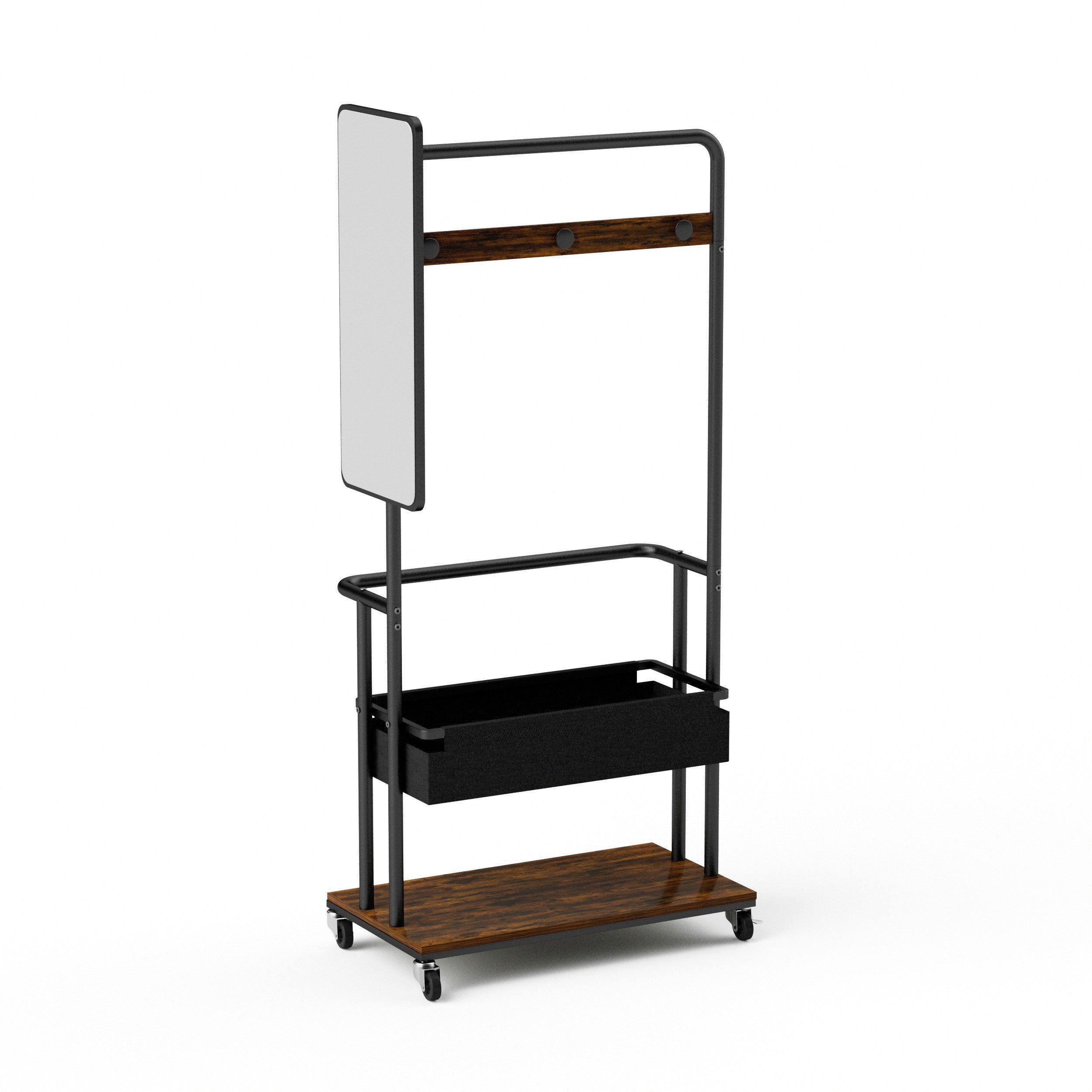 wohnTRAUM24 Garderoben-Set Metallgarderobe mit Rollen, Korb und Spiegel Flur-Kleiderständer, mobile Garderobe für Flur, Wohnzimmer, Schlafzimmer