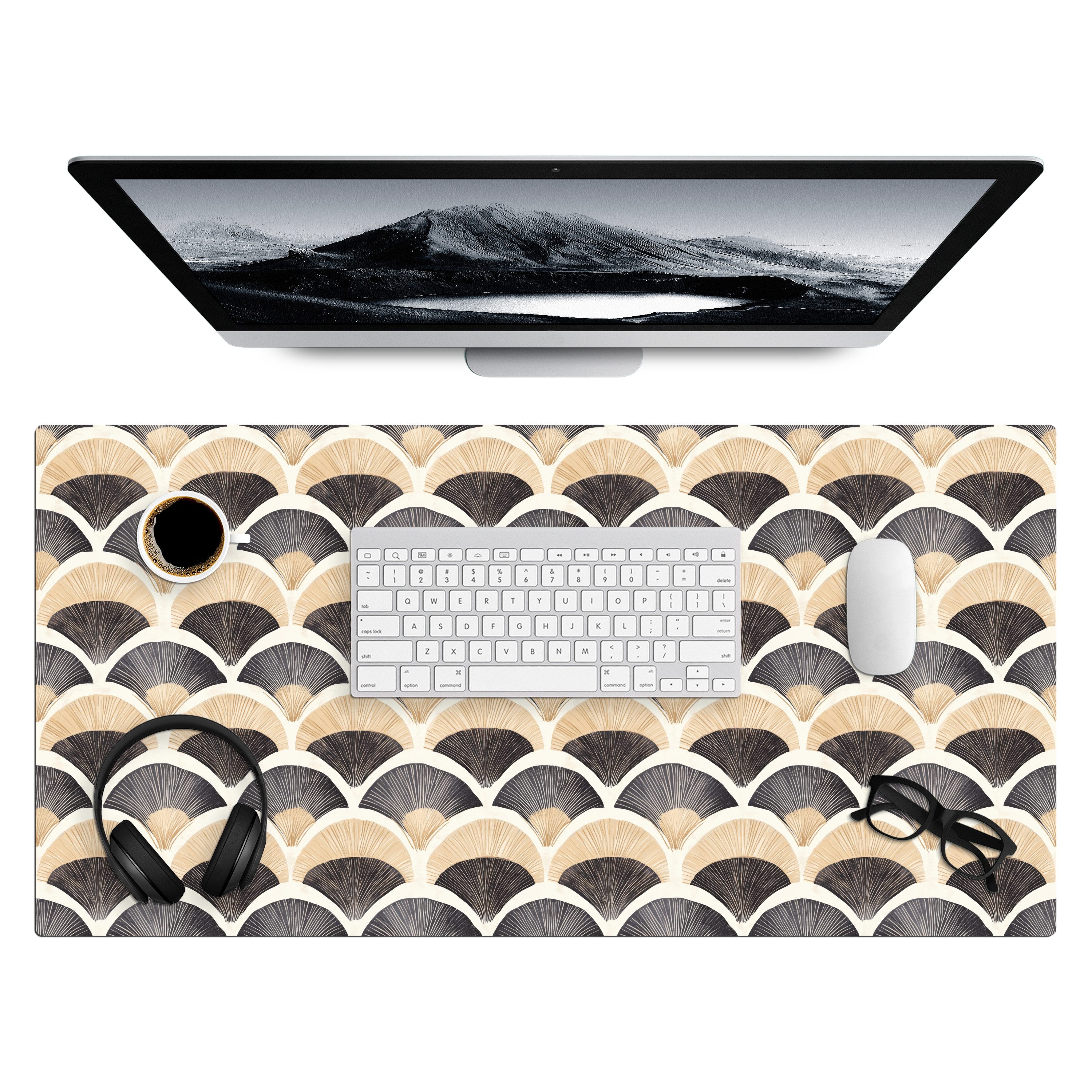 MuchoWow Gaming Mauspad Fächer - Muster - Schwarz - Beige (1-St), Gaming Mauspad XXL, Schreibtischunterlage, Desk Mat Groß, 80x40 cm