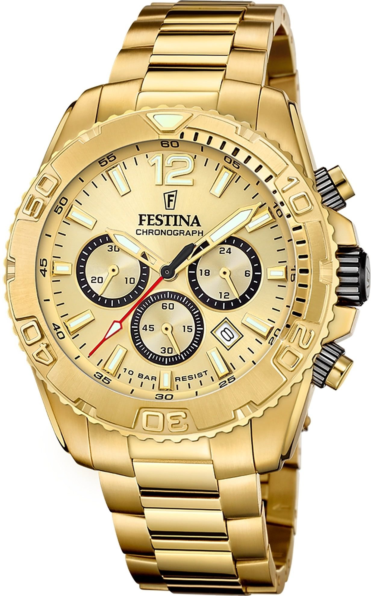 Festina Chronograph Festina Herrenuhr Timeless Chronograph, (Chronograph), Herren Armbanduhr rund, Edelstahlarmband gold, Elegant