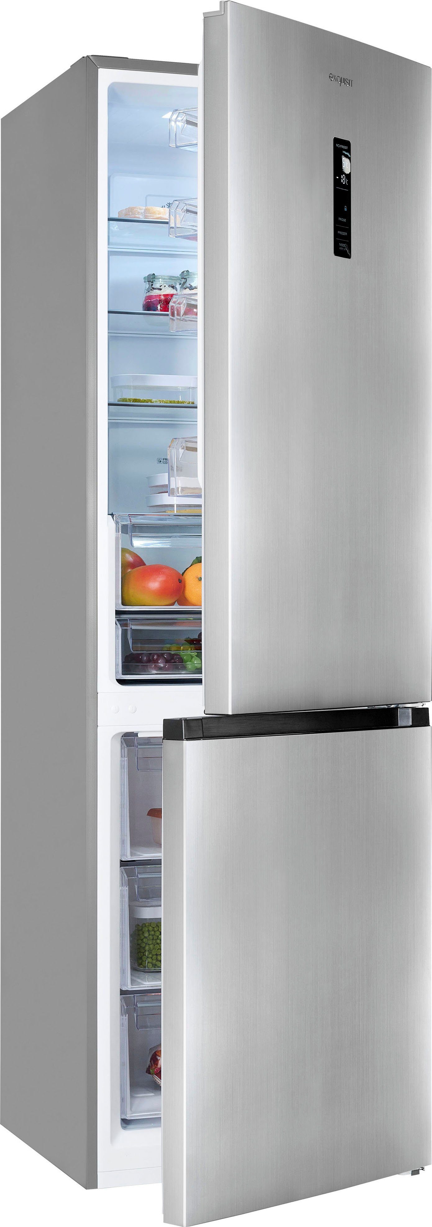 exquisit Kühl-/Gefrierkombination KGC350-105-NF-040C, 193 cm hoch, 60 cm breit, Energieeffizienzklasse C, 347 L Volumen, Total NoFrost, Display